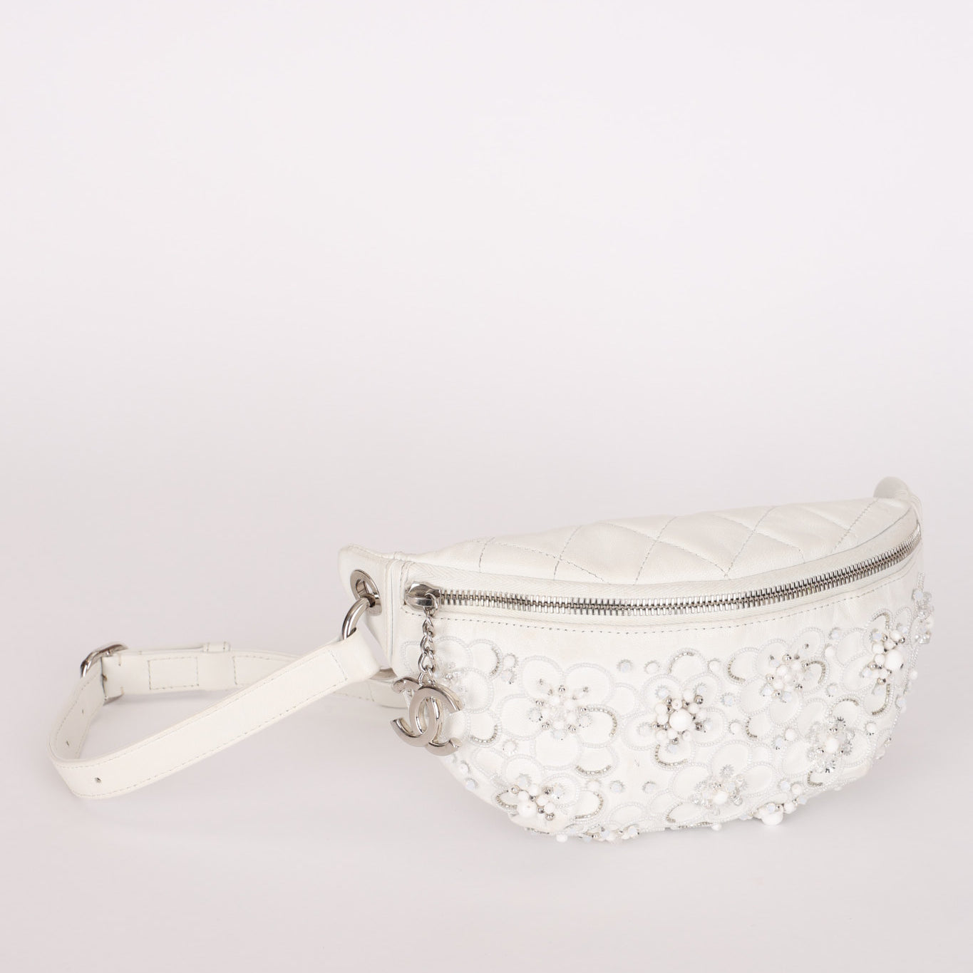 Chanel Camellia Embellished Belt Bag White Lambskin SHW