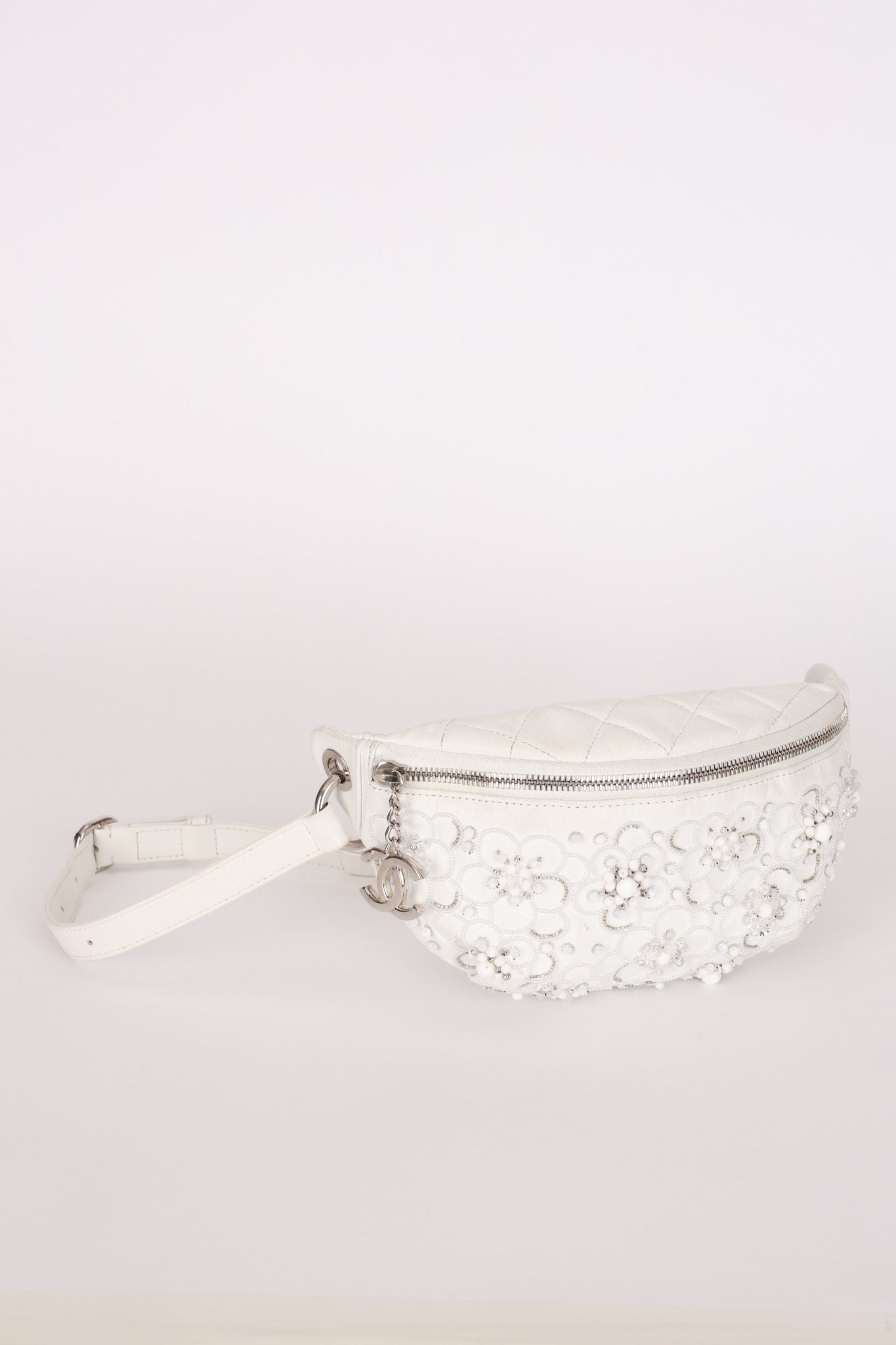 Chanel Camellia Embellished Belt Bag White Lambskin SHW