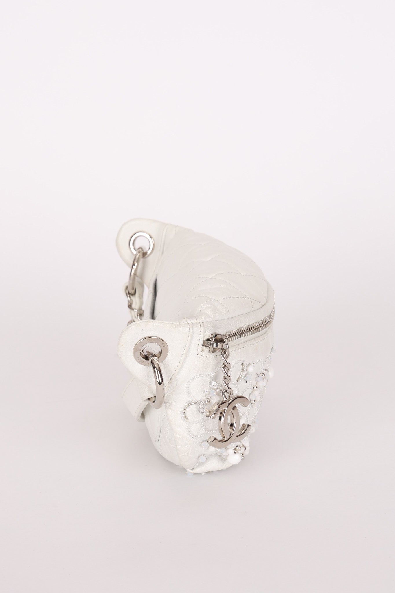 Chanel Camellia Embellished Belt Bag White Lambskin SHW