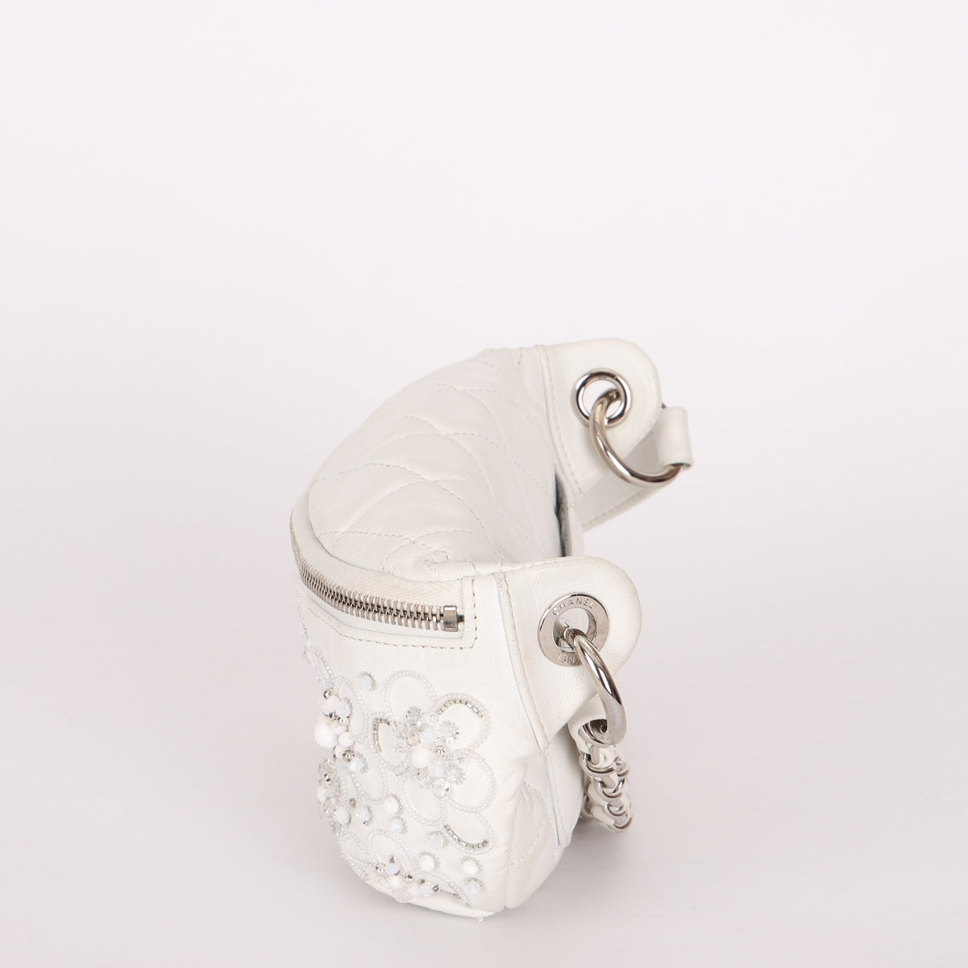 Chanel Camellia Embellished Belt Bag White Lambskin SHW