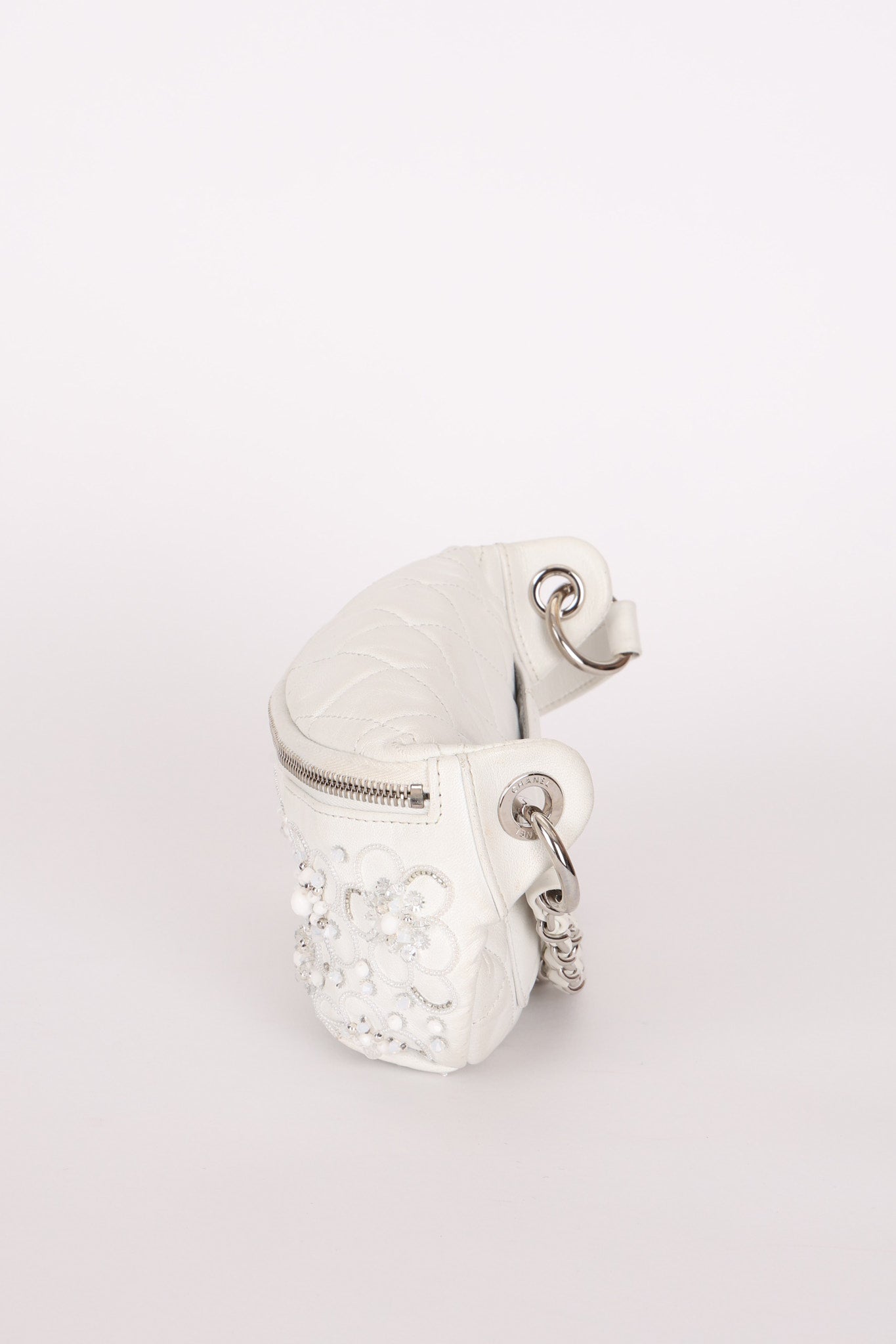 Chanel Camellia Embellished Belt Bag White Lambskin SHW