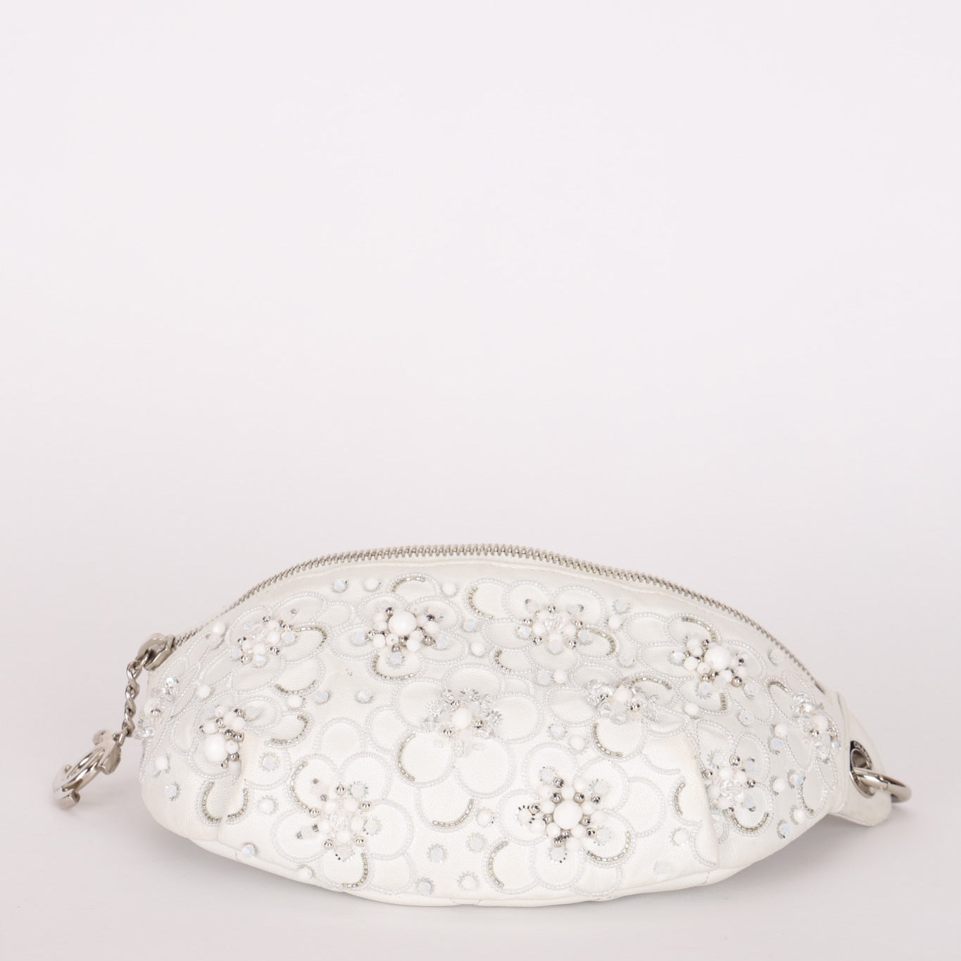 Chanel Camellia Embellished Belt Bag White Lambskin SHW