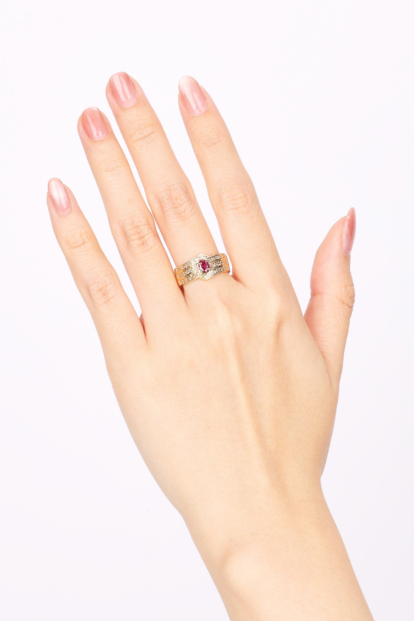 18K Yellow Gold Ruby and Diamond Row Ring, Size US 6