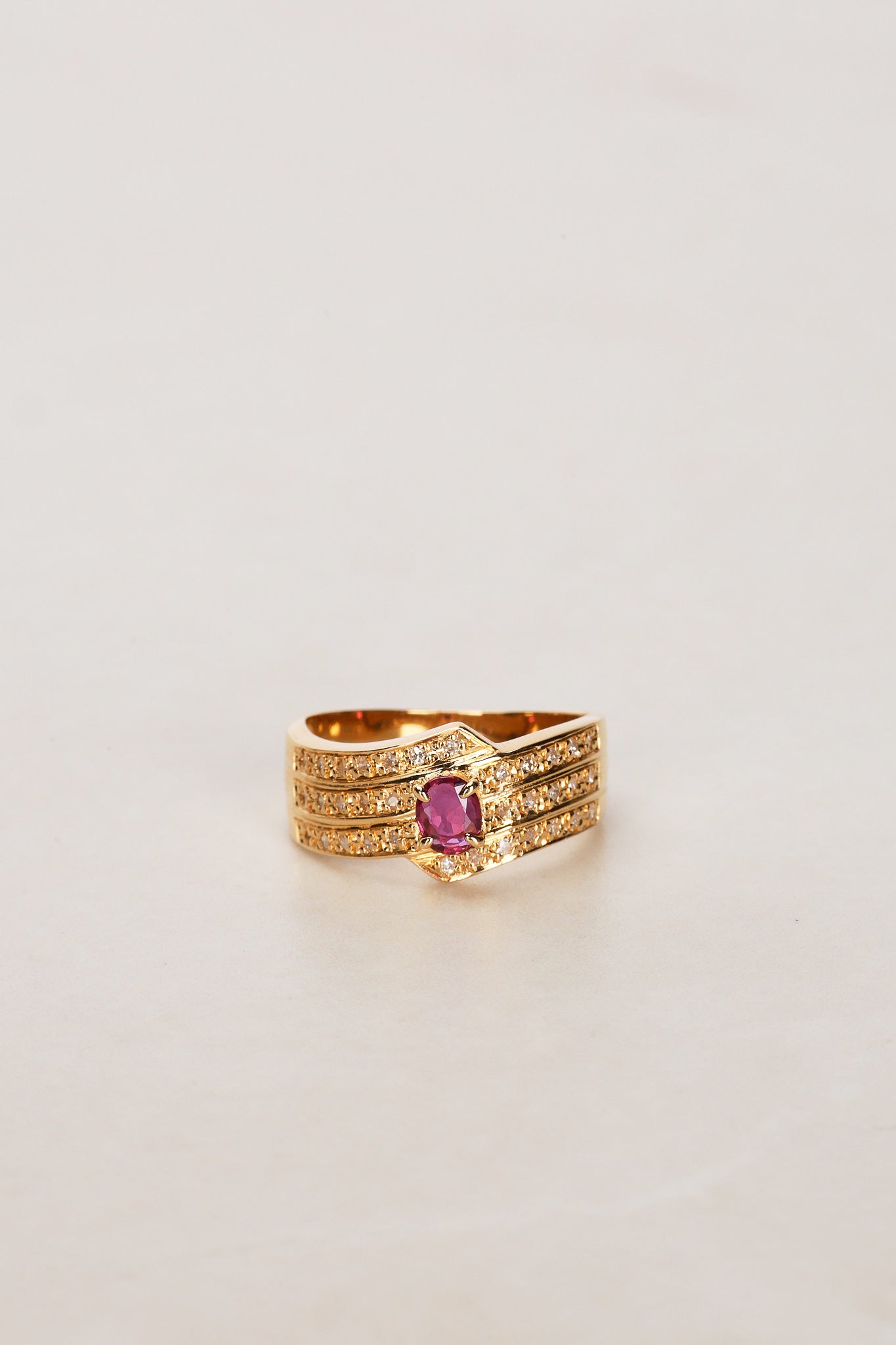 18K Yellow Gold Ruby and Diamond Row Ring, Size US 6