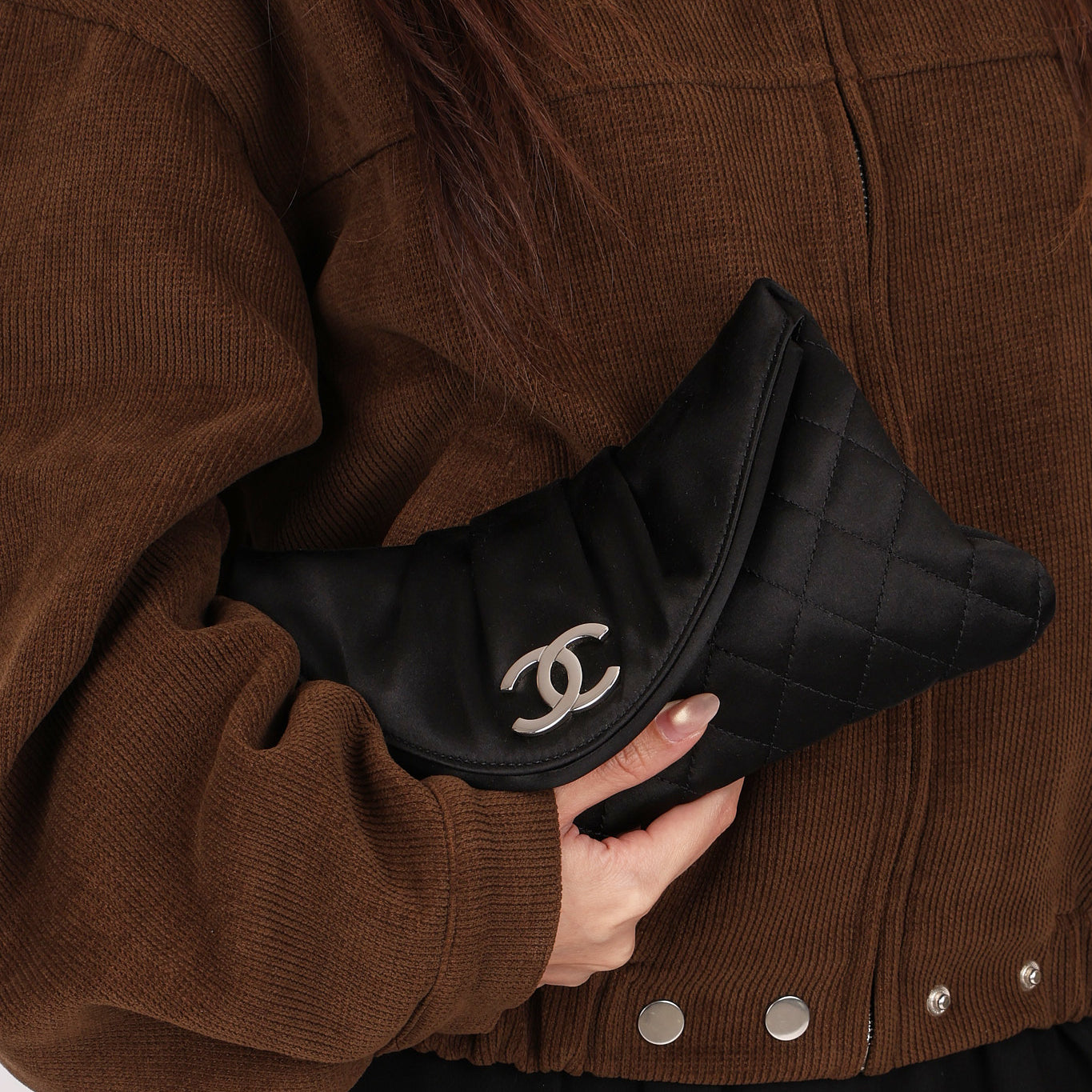 Chanel Envelope Flap Clutch Black Satin SHW