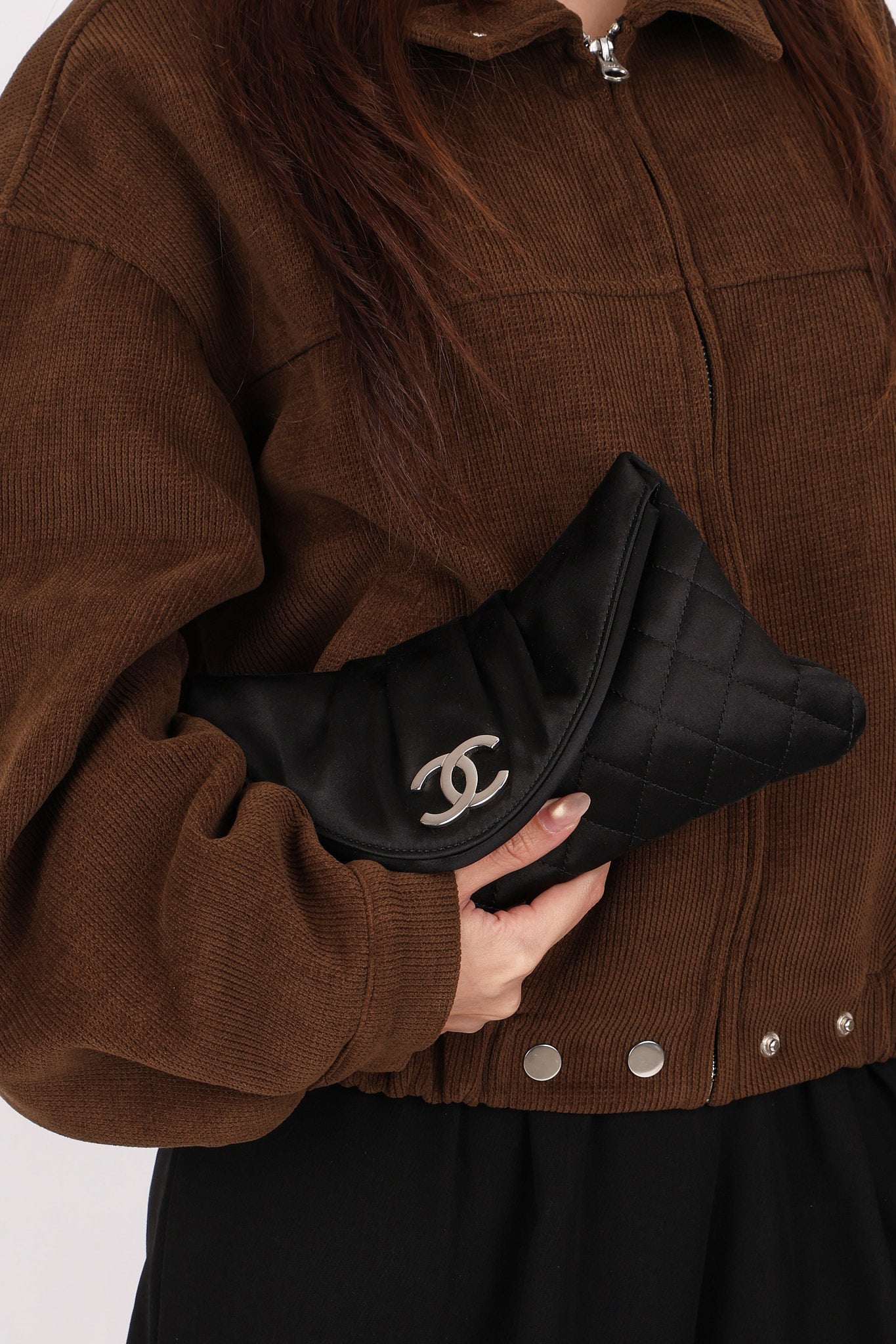 Chanel Envelope Flap Clutch Black Satin SHW