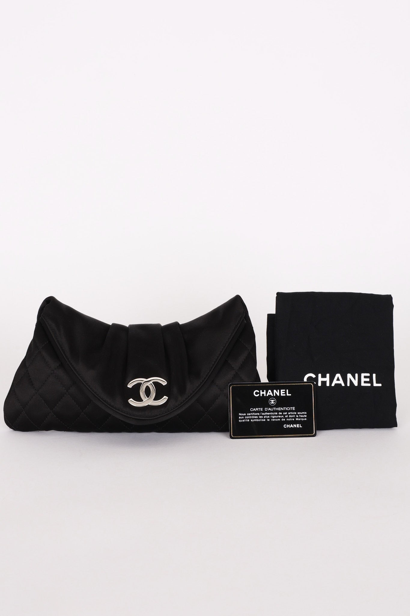 Chanel Envelope Flap Clutch Black Satin SHW