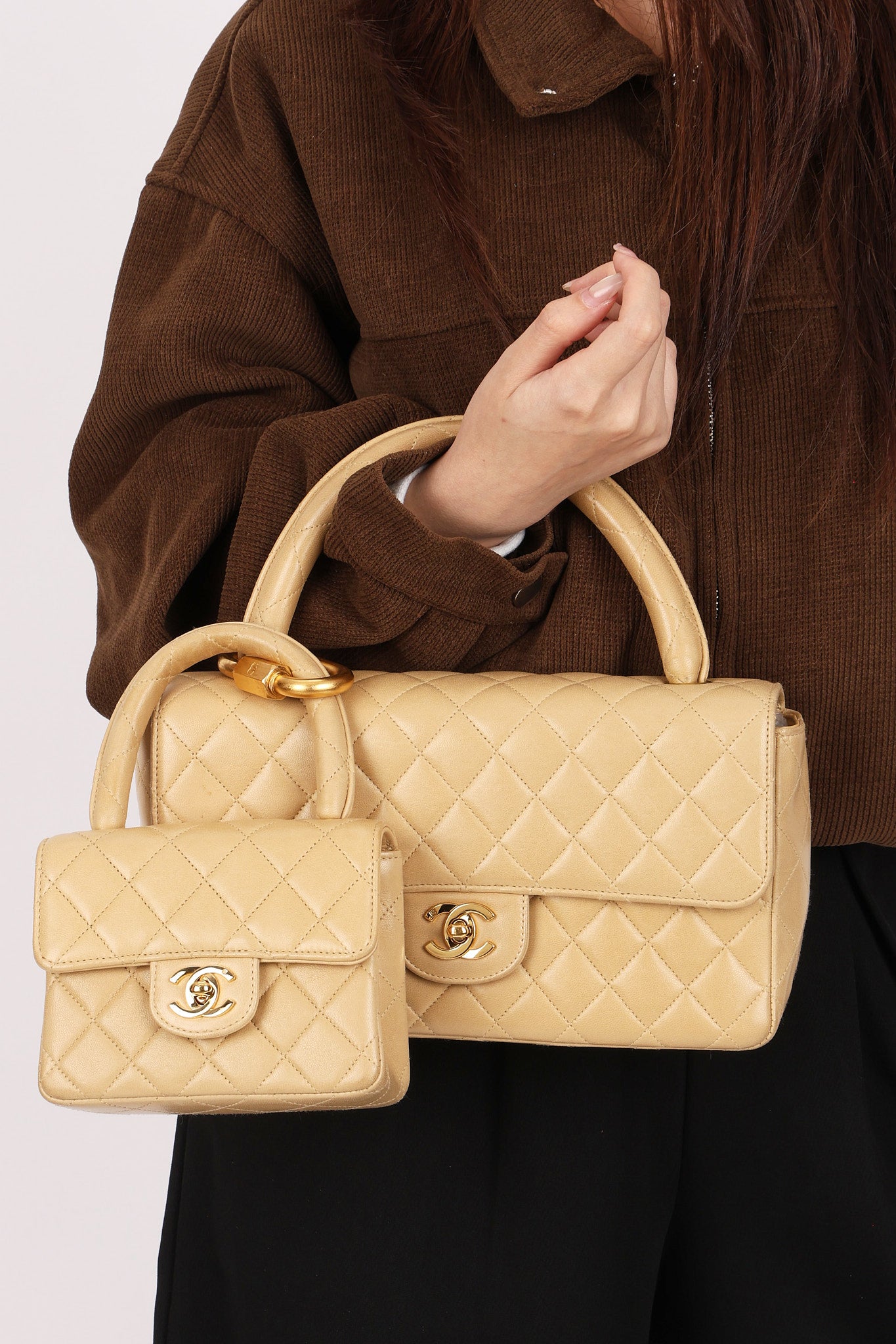 Rare Chanel Parent and Child Kelly Beige Lambskin 24K GP