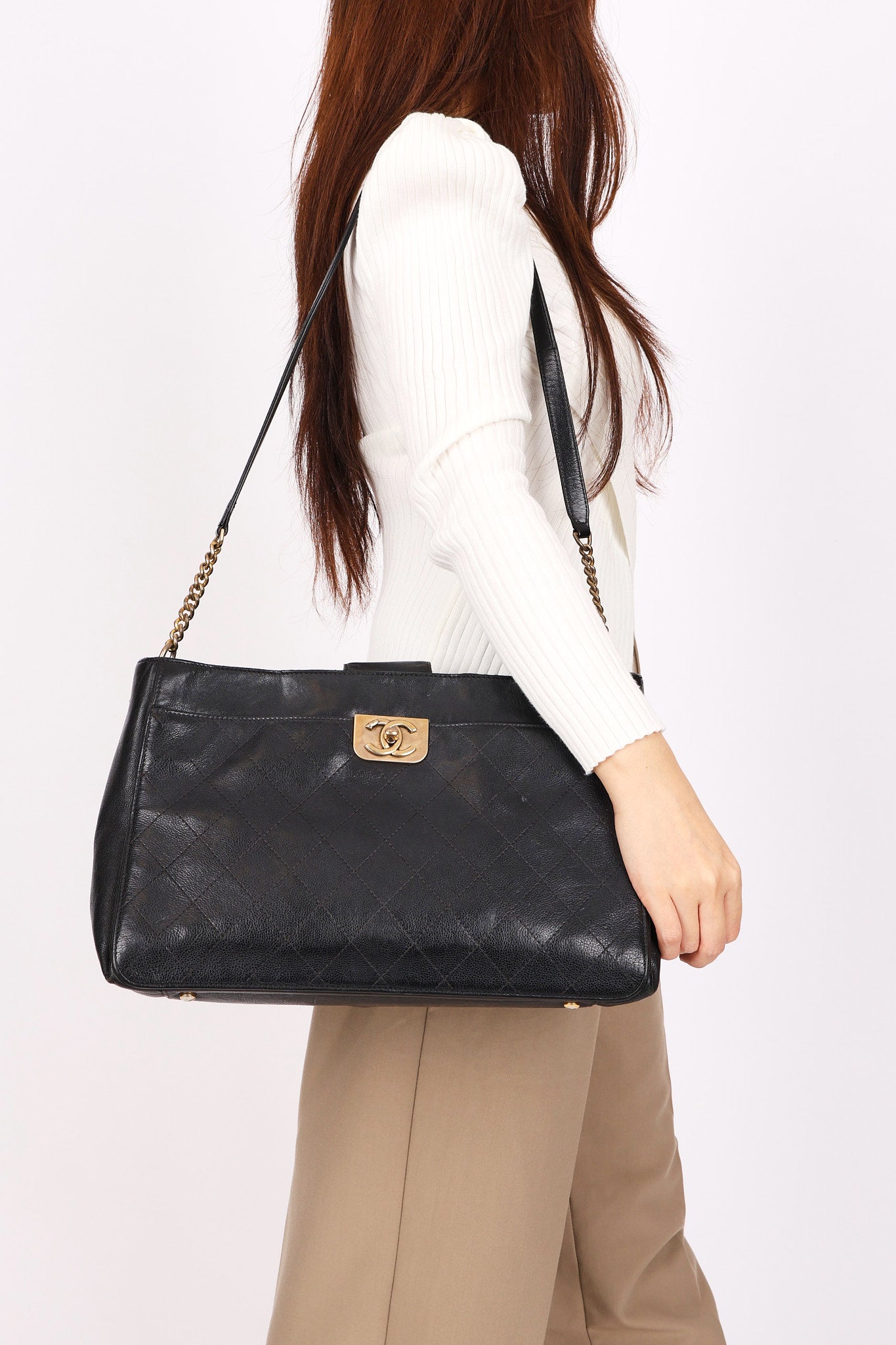 Chanel Large Straight Lines Tote Black Calfskin 2017 AGHW