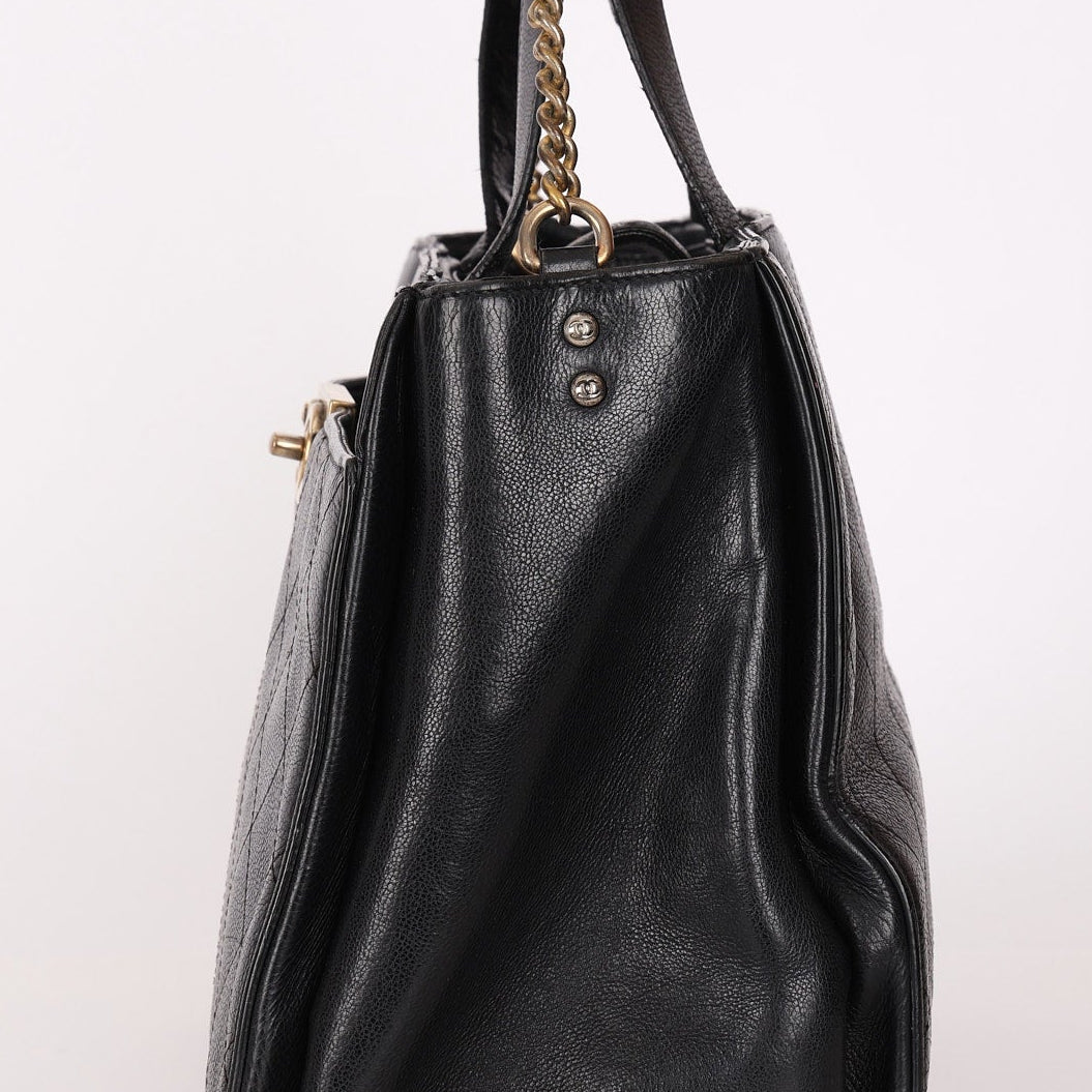 Chanel Turnlock Front Pocket Top Handle Shoulder Bag Black Calfskin AGHW