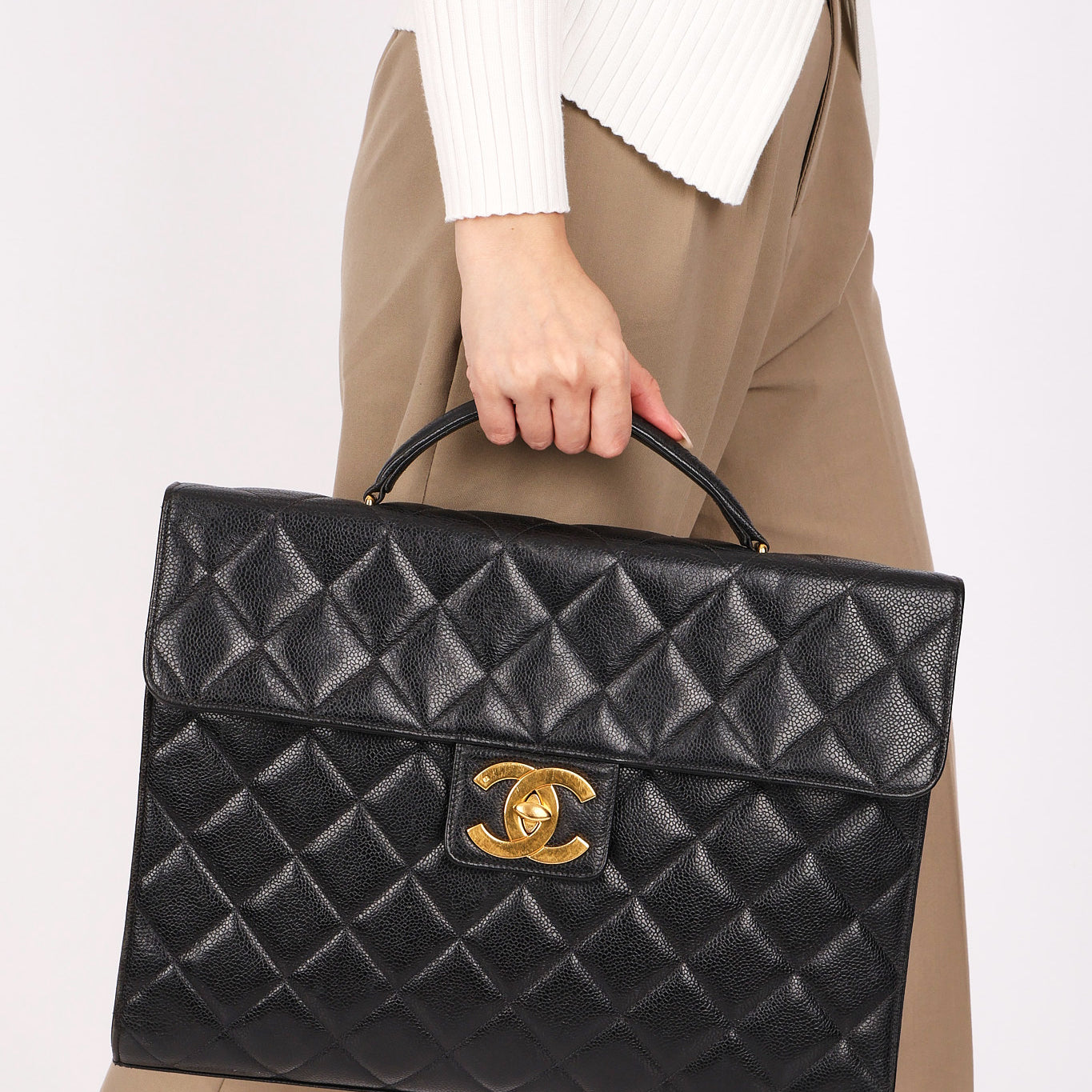 Chanel Turnlock Top Handle Briefcase Black Caviar 1998 24K GP