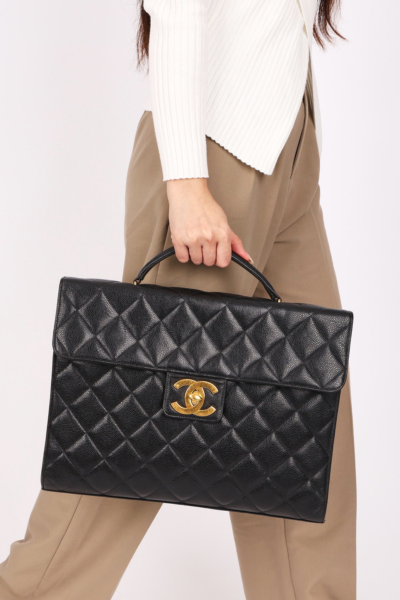 Chanel Turnlock Top Handle Briefcase Black Caviar 1998 24K GP