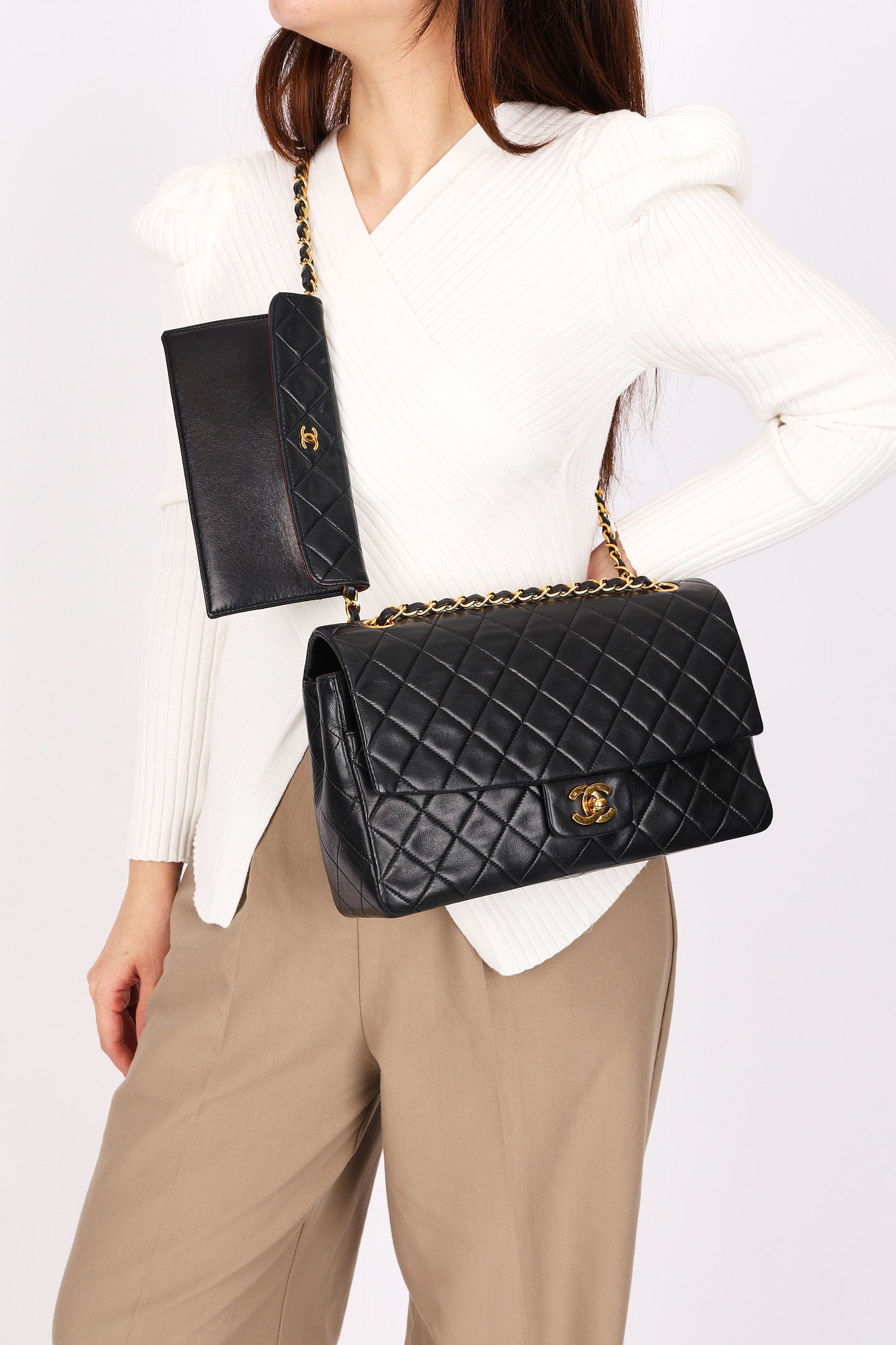 Chanel Single Flap with Pouch Black Lambskin 1991 24K GP