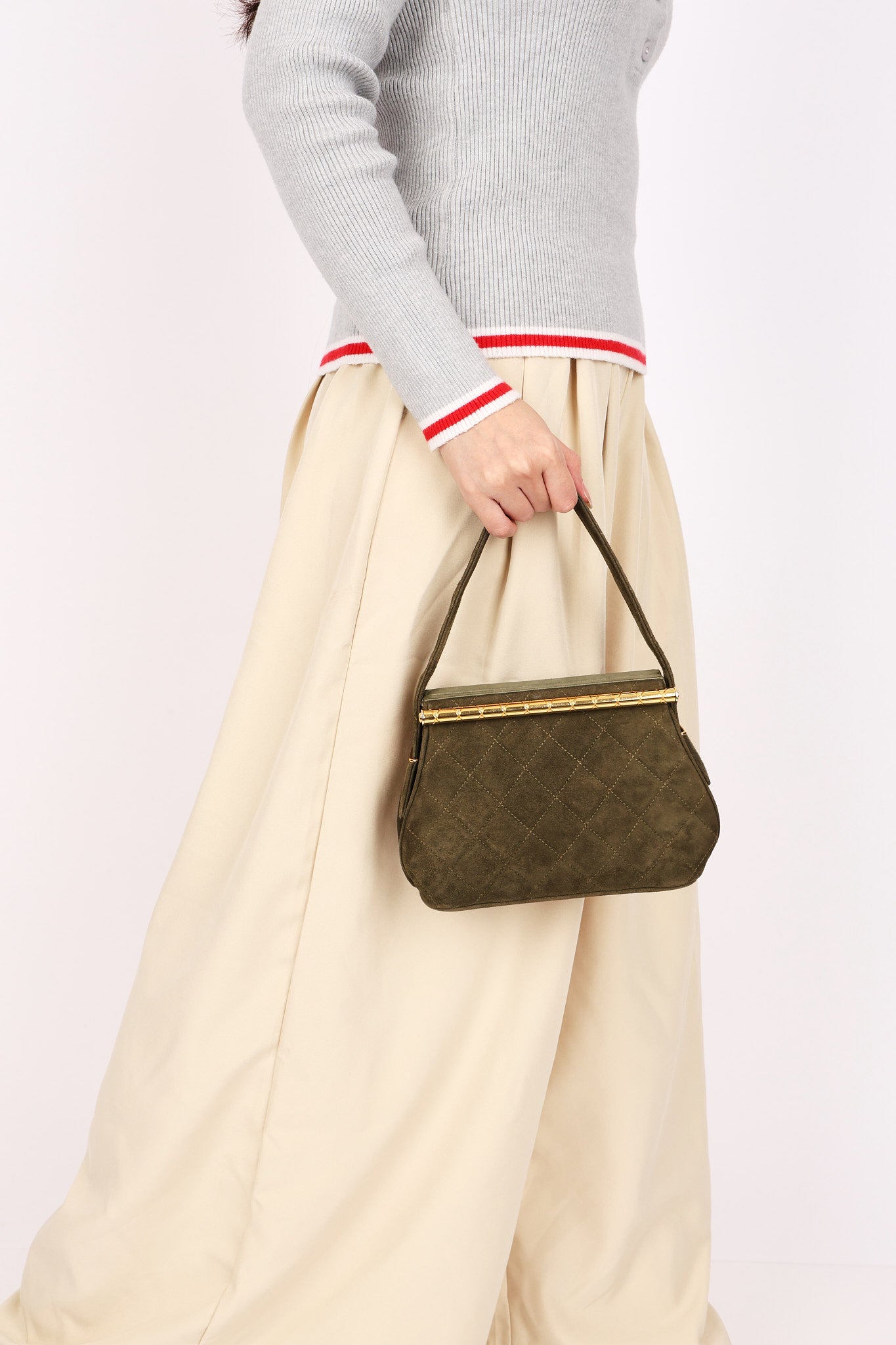 Chanel Matelasse Gamaguchi Frame Shoulder Bag Green Suede 1991 GHW