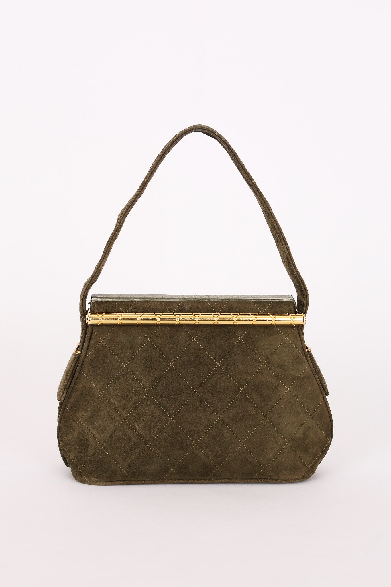 Chanel Matelasse Gamaguchi Frame Shoulder Bag Green Suede 1991 GHW