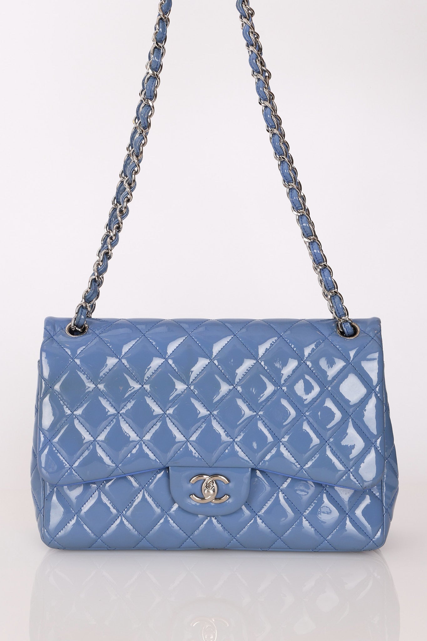 Chanel Jumbo Classic Double Flap Blue Patent SHW