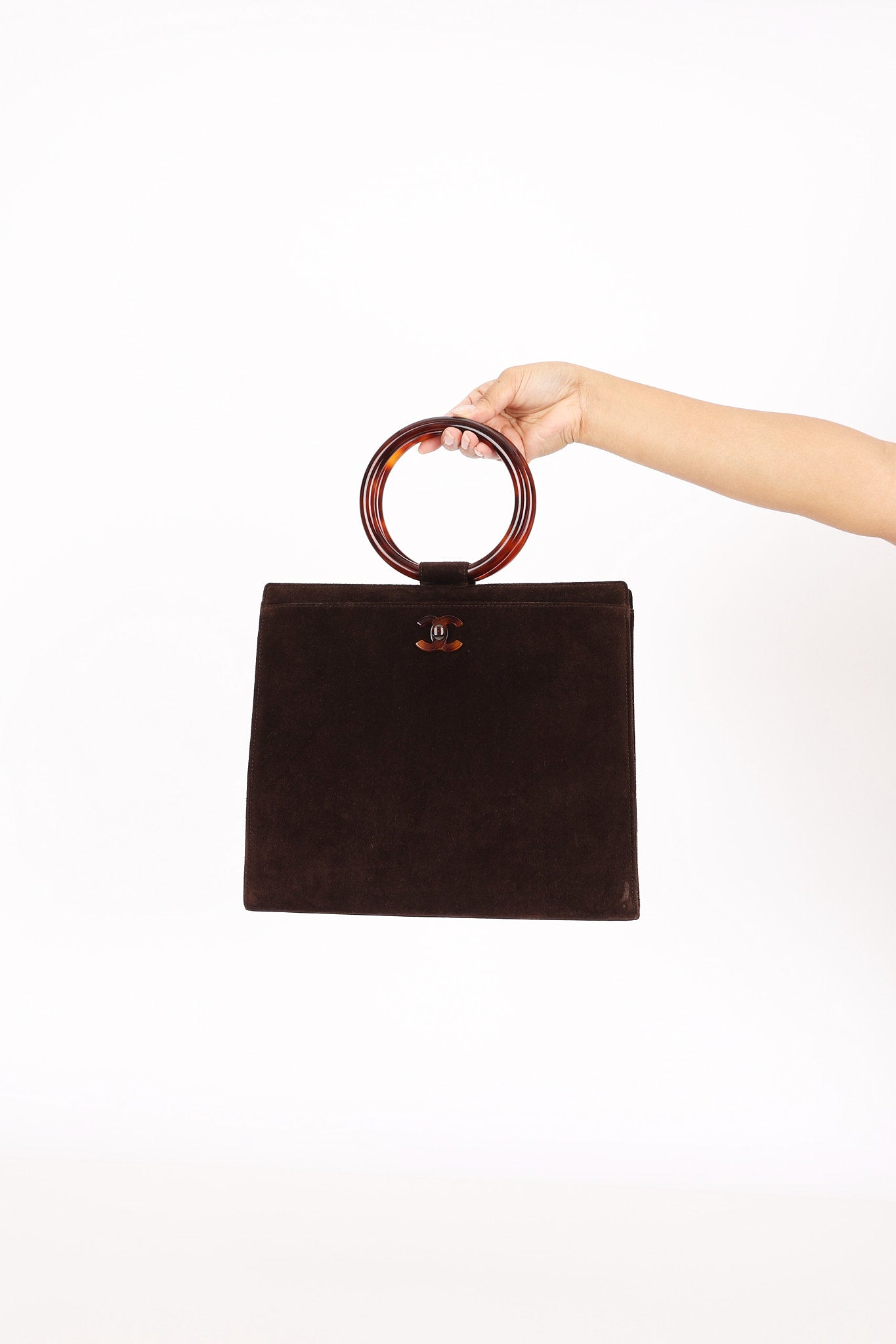 Chanel Tortoise Acrylic Top Handle Bag Brown Suede