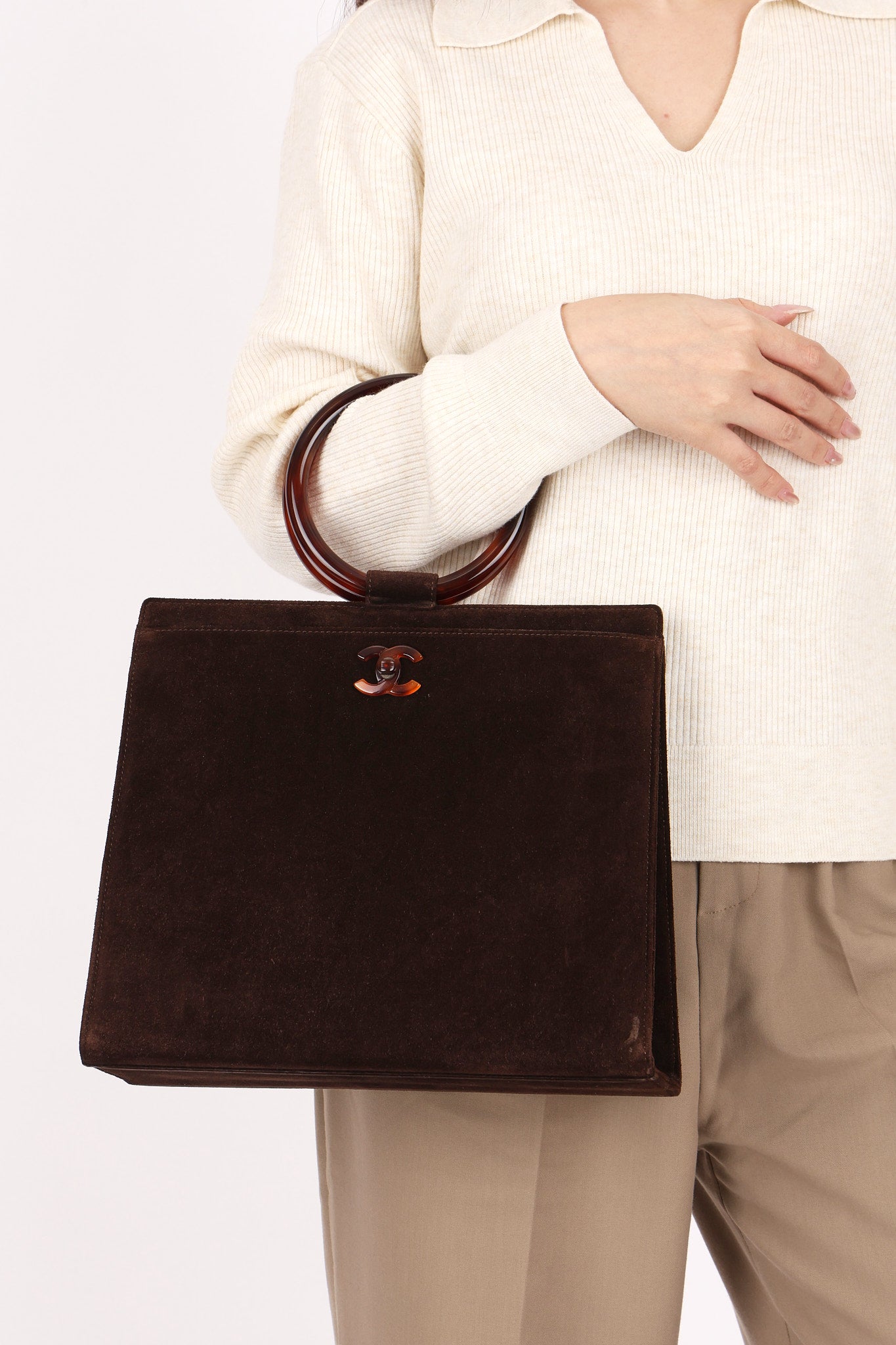 Chanel Tortoise Acrylic Top Handle Bag Brown Suede