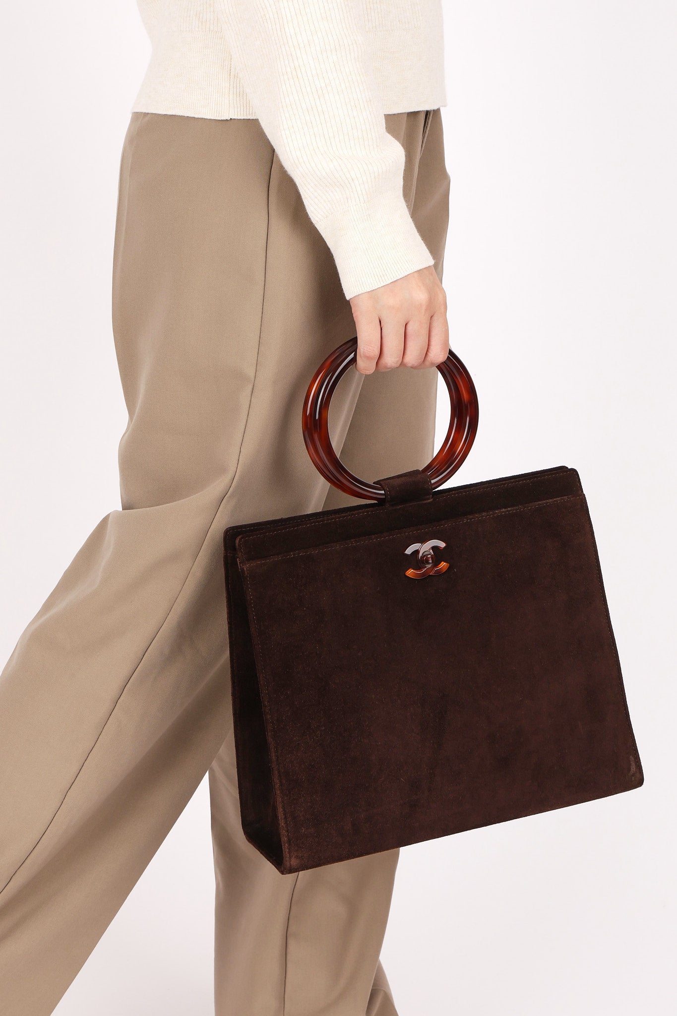 Chanel Tortoise Acrylic Top Handle Bag Brown Suede