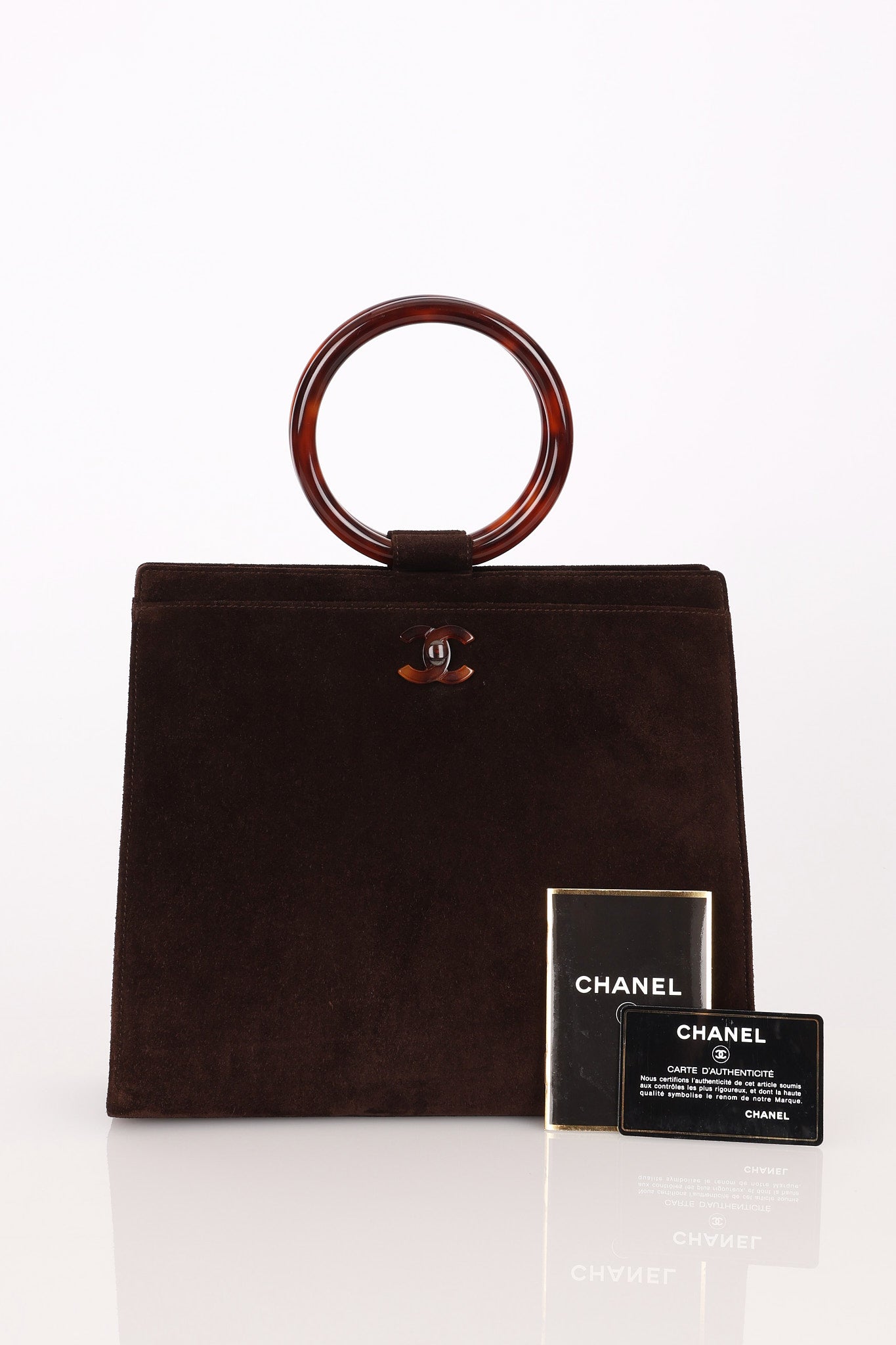 Chanel Tortoise Acrylic Top Handle Bag Brown Suede