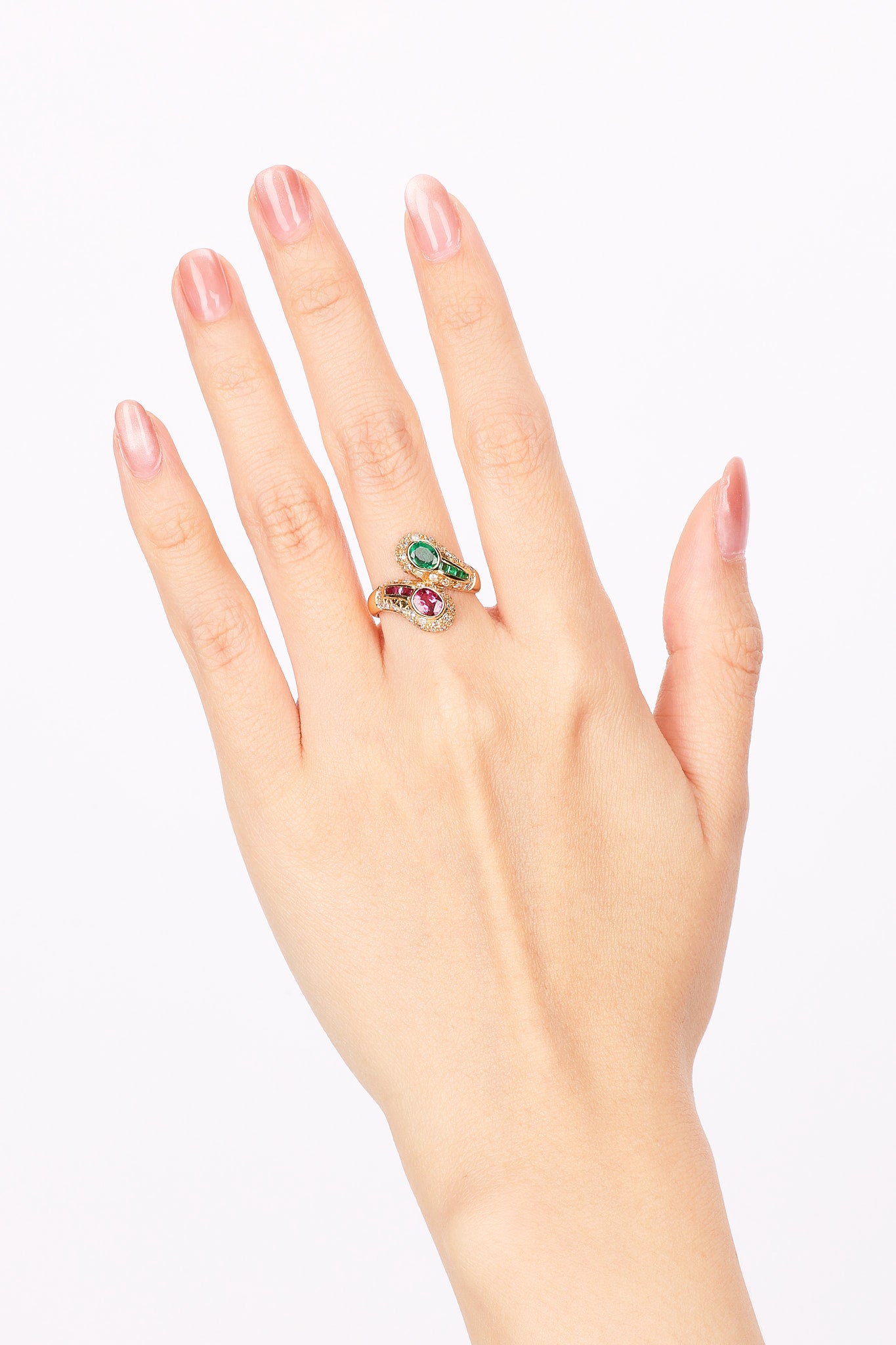 18K Yellow Gold Emerald and Ruby Diamond Crossover Ring, Size US 5.5