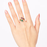 18K Yellow Gold Emerald and Ruby Diamond Crossover Ring, Size US 5.5