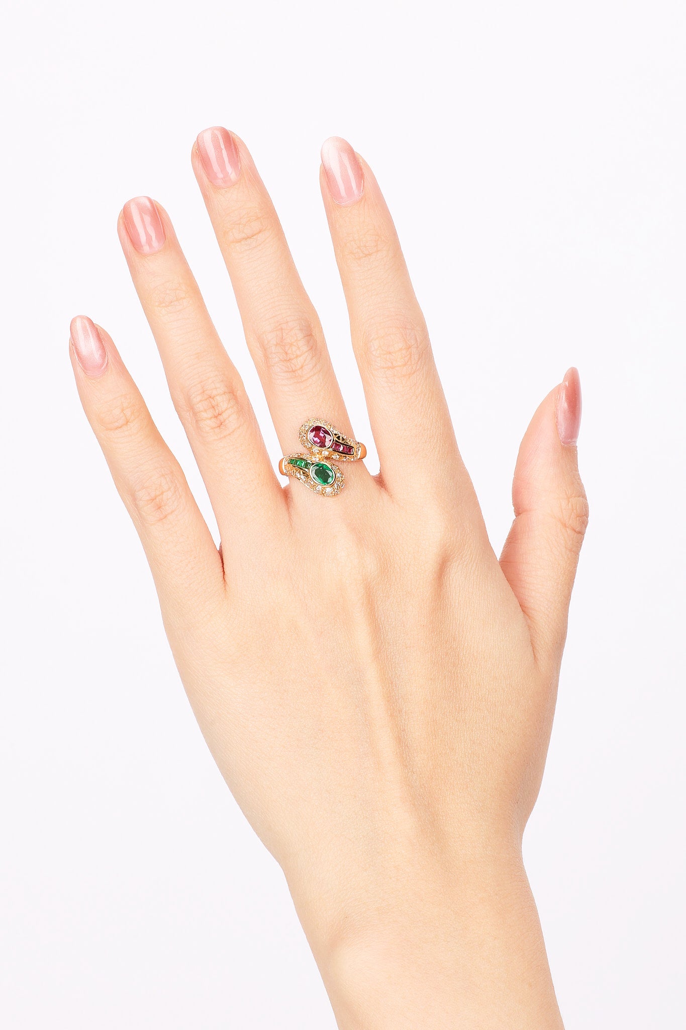 18K Yellow Gold Emerald and Ruby Diamond Crossover Ring, Size US 5.5