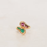 18K Yellow Gold Emerald and Ruby Diamond Crossover Ring, Size US 5.5
