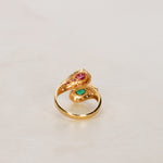 18K Yellow Gold Emerald and Ruby Diamond Crossover Ring, Size US 5.5