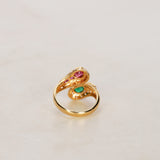18K Yellow Gold Emerald and Ruby Diamond Crossover Ring, Size US 5.5