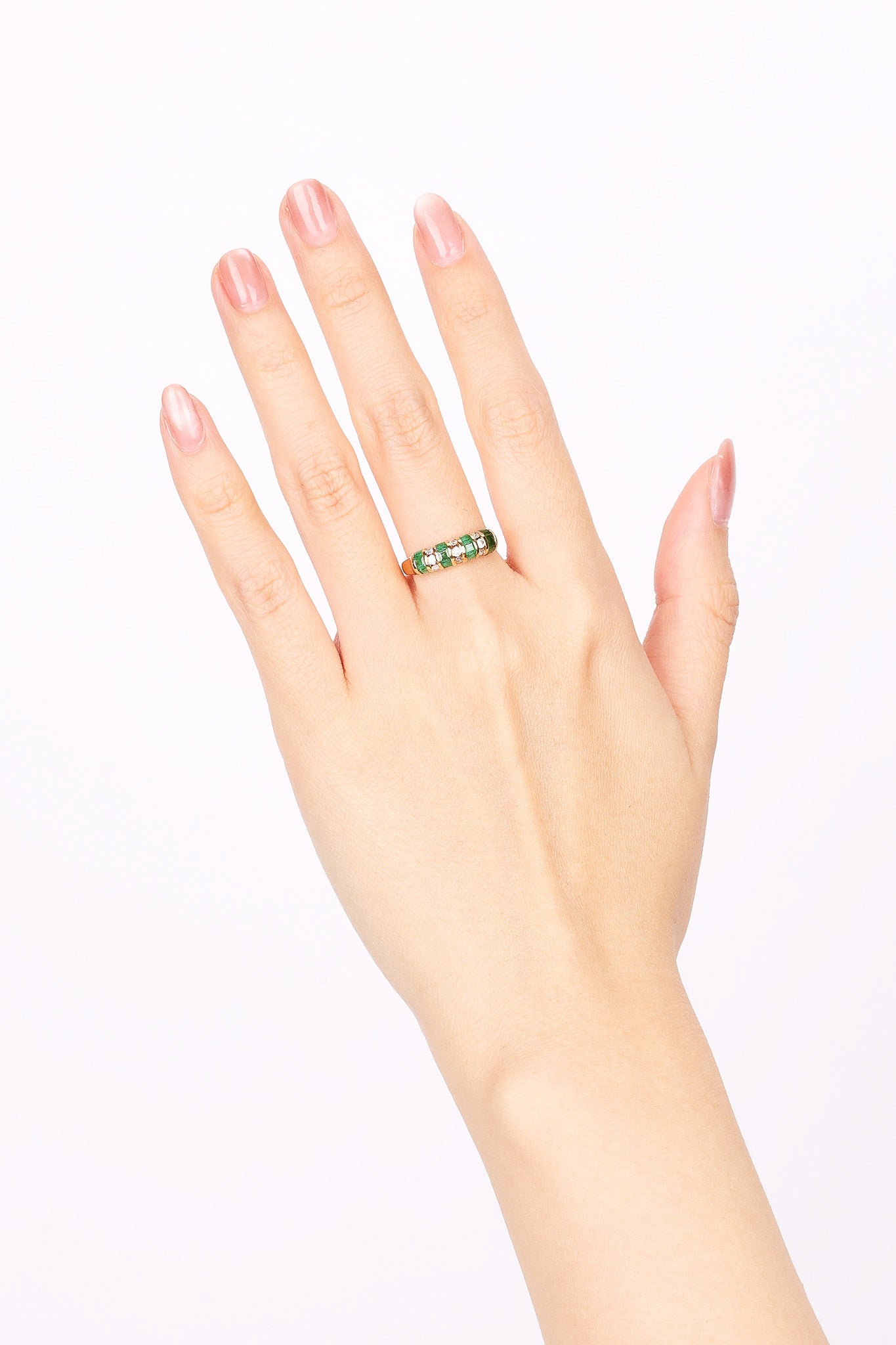 18K Yellow Gold Emerald and Diamond Channel Ring, Size US 6