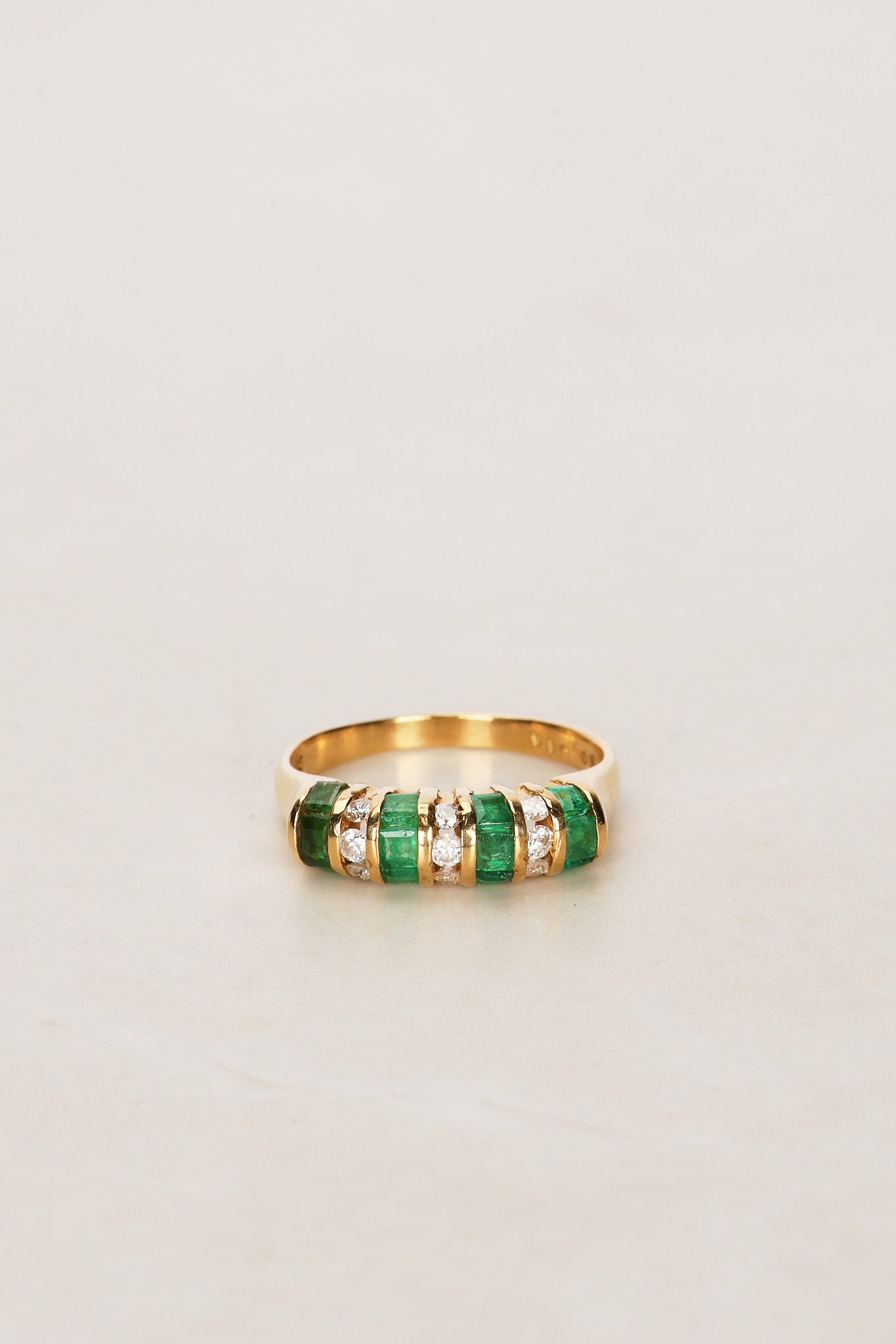 18K Yellow Gold Emerald and Diamond Channel Ring, Size US 6
