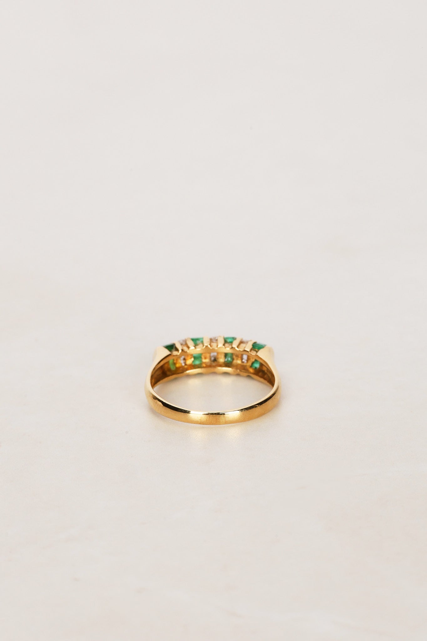 18K Yellow Gold Emerald and Diamond Channel Ring, Size US 6