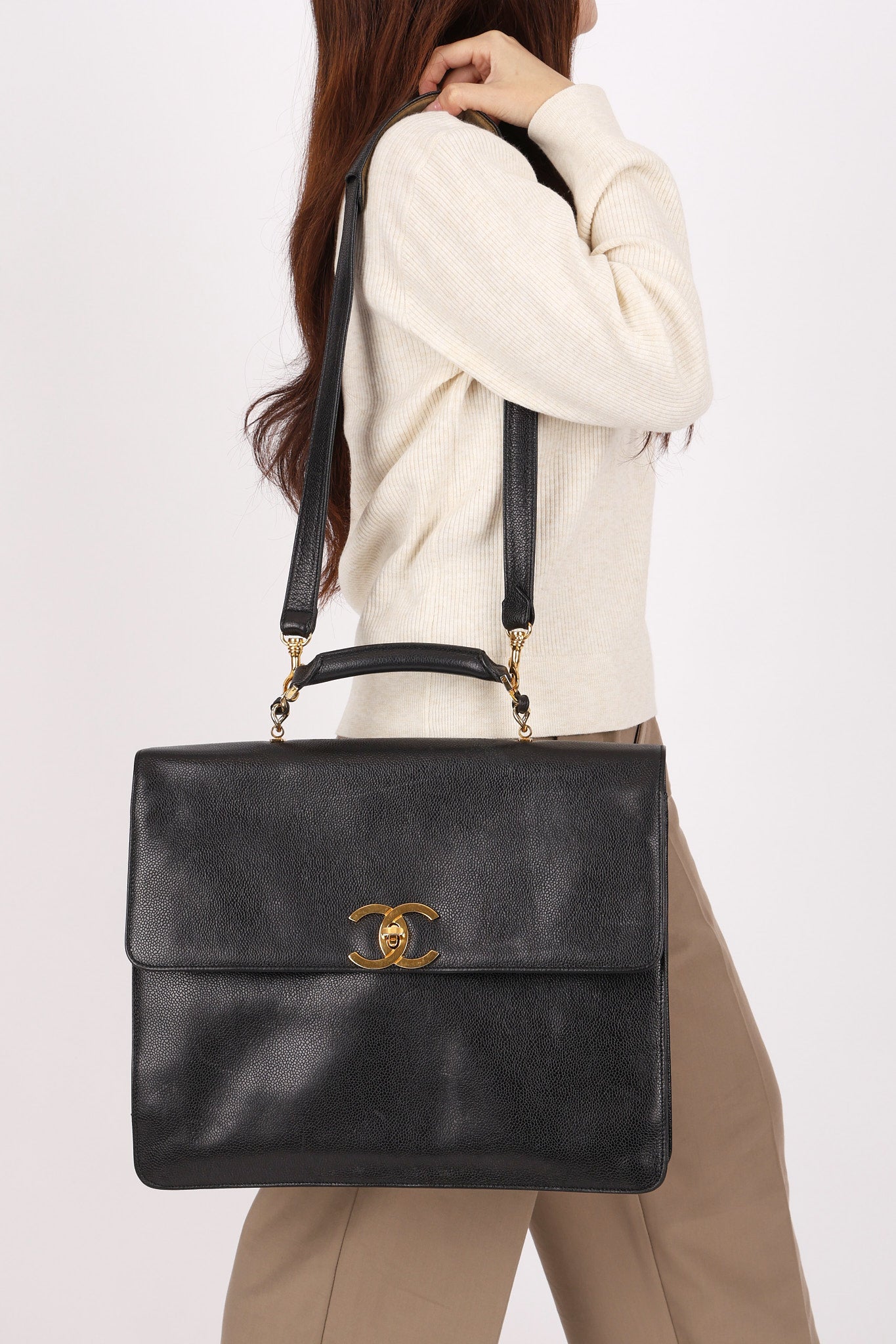Chanel Top Handle Briefcase Bag Black Caviar 24K GP