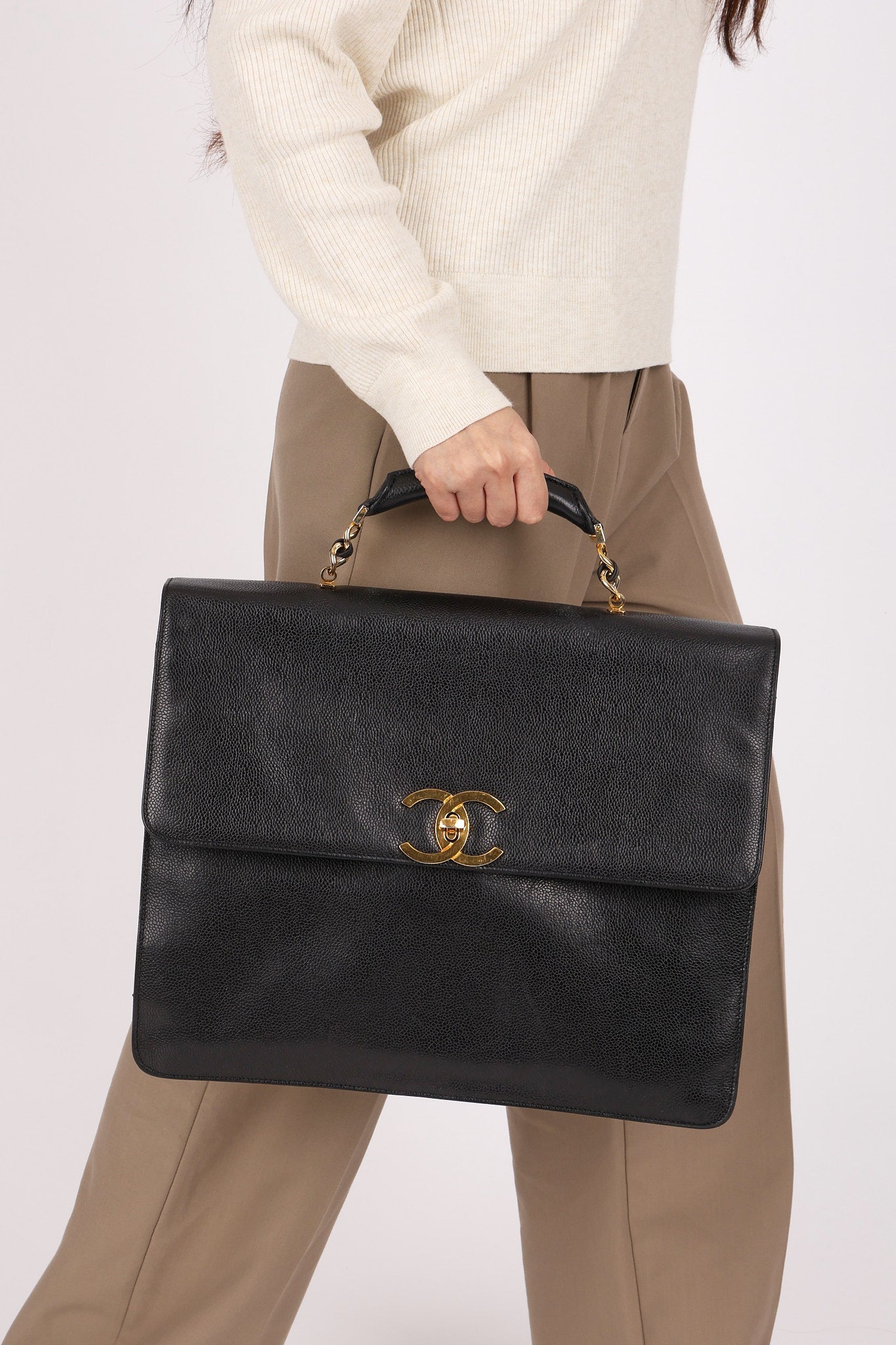 Chanel Top Handle Briefcase Bag Black Caviar 24K GP