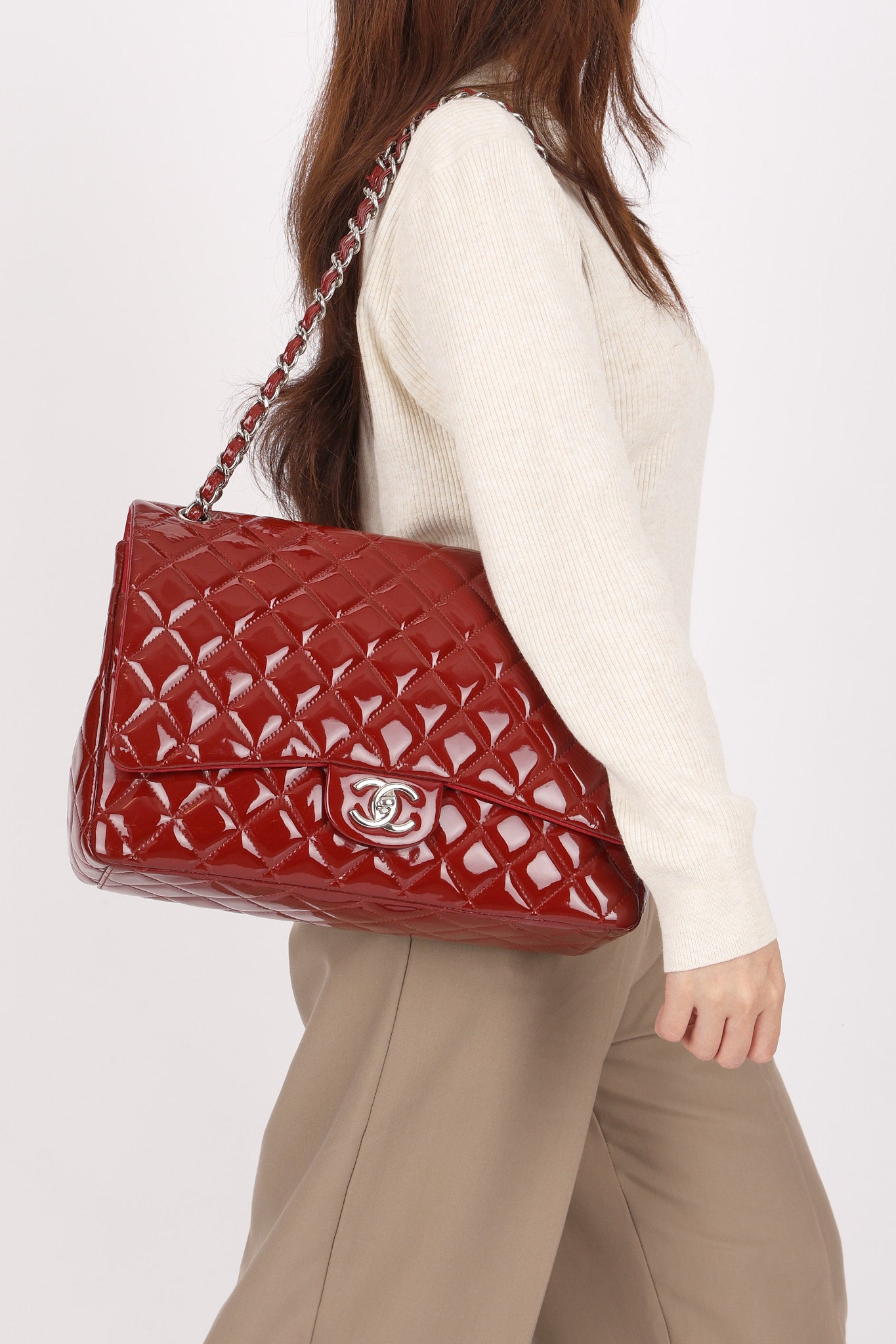 Chanel Maxi Classic Double Flap Ruby Red Patent SHW
