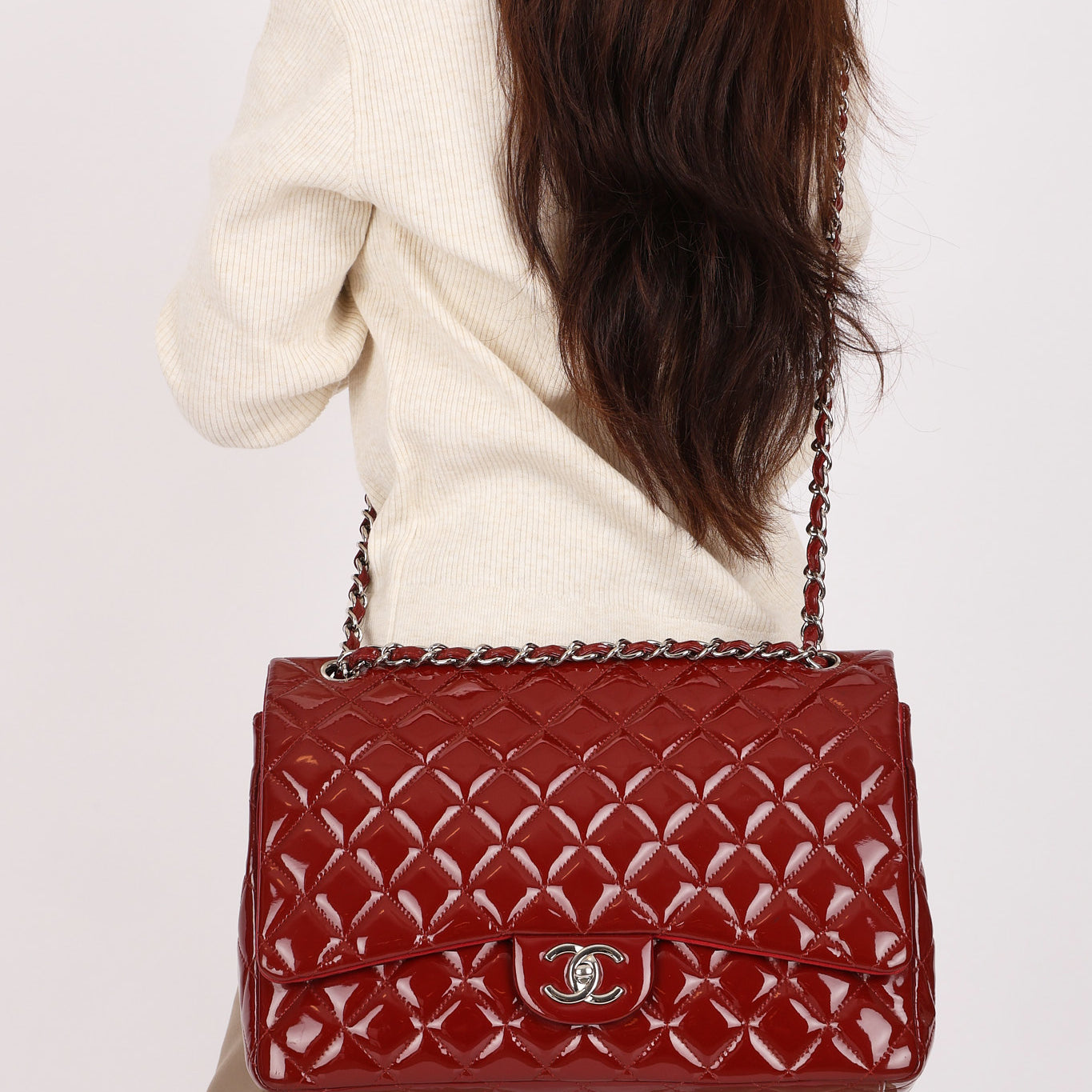 Chanel Maxi Classic Double Flap Ruby Red Patent SHW
