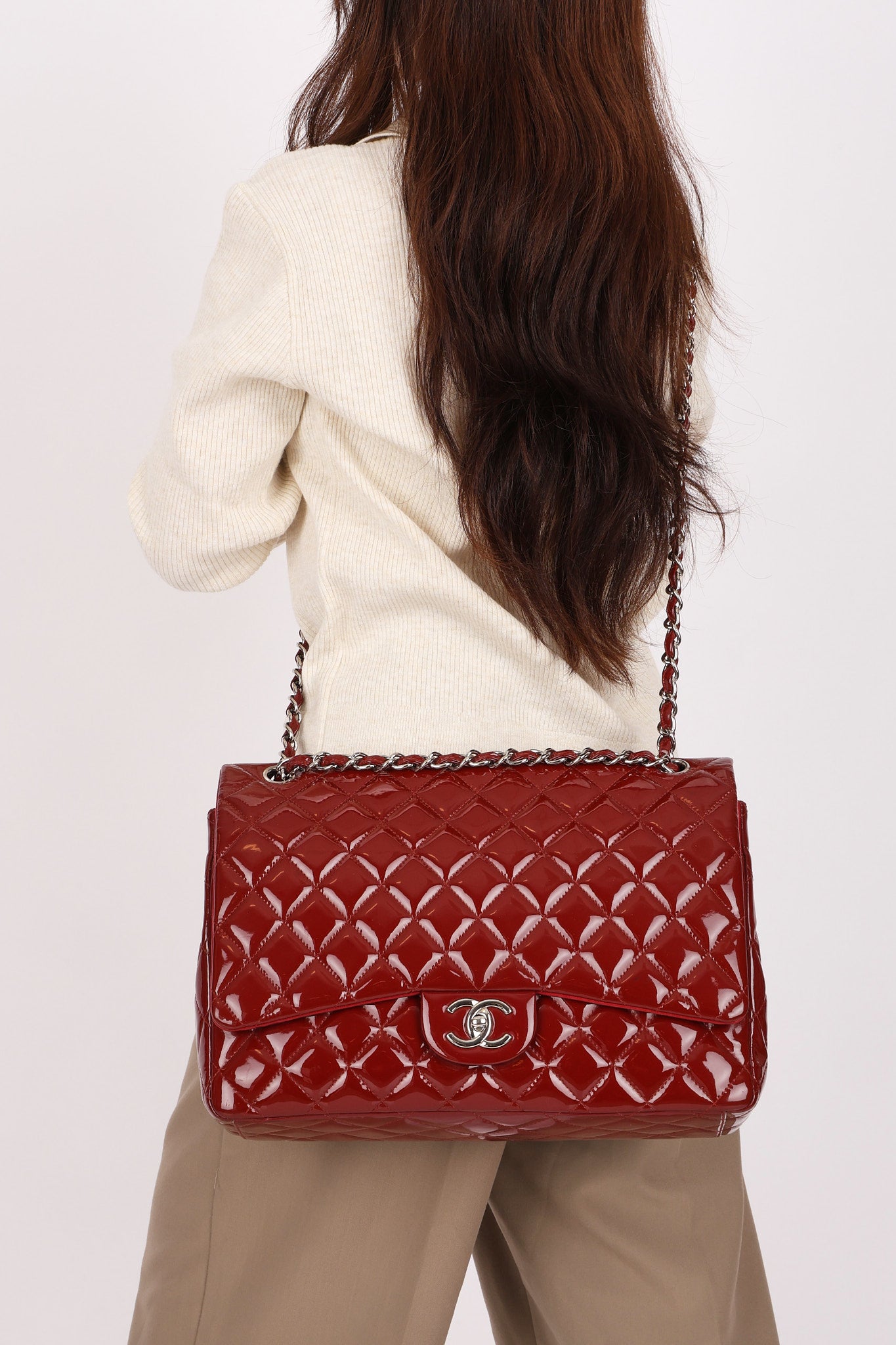 Chanel Maxi Classic Double Flap Ruby Red Patent SHW