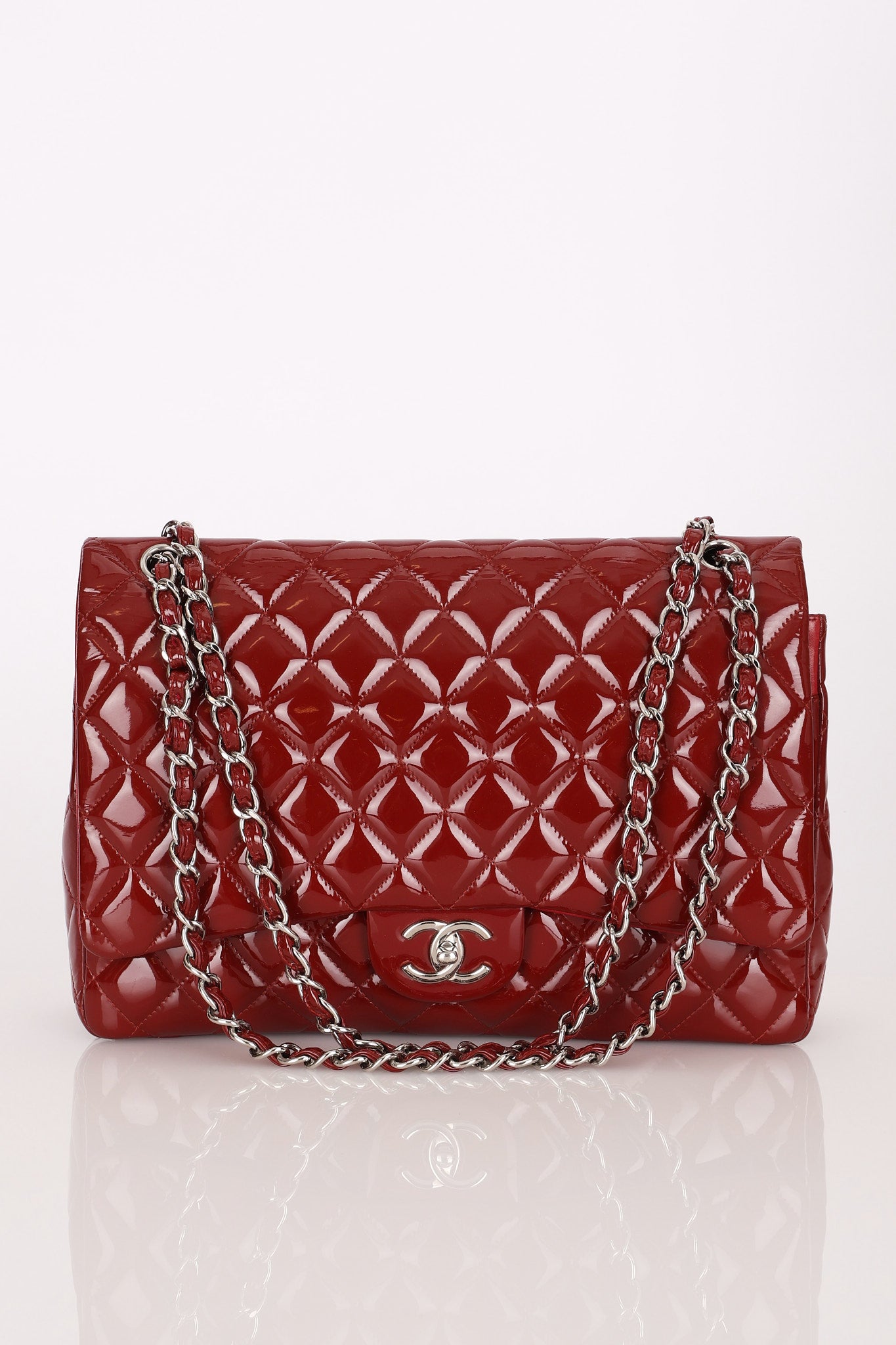 Chanel Maxi Classic Double Flap Ruby Red Patent SHW