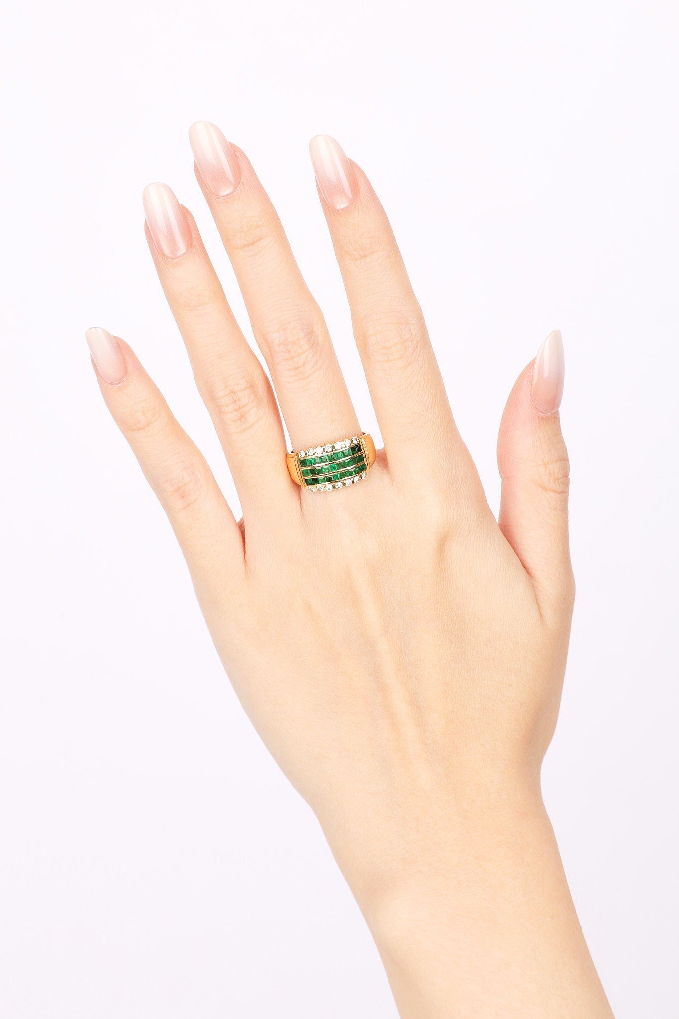 18K Yellow Gold Emerald and Diamond Channel Ring, Size US 7
