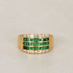 18K Yellow Gold Emerald and Diamond Channel Ring, Size US 7