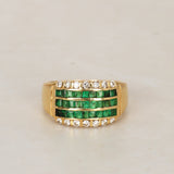 18K Yellow Gold Emerald and Diamond Channel Ring, Size US 7