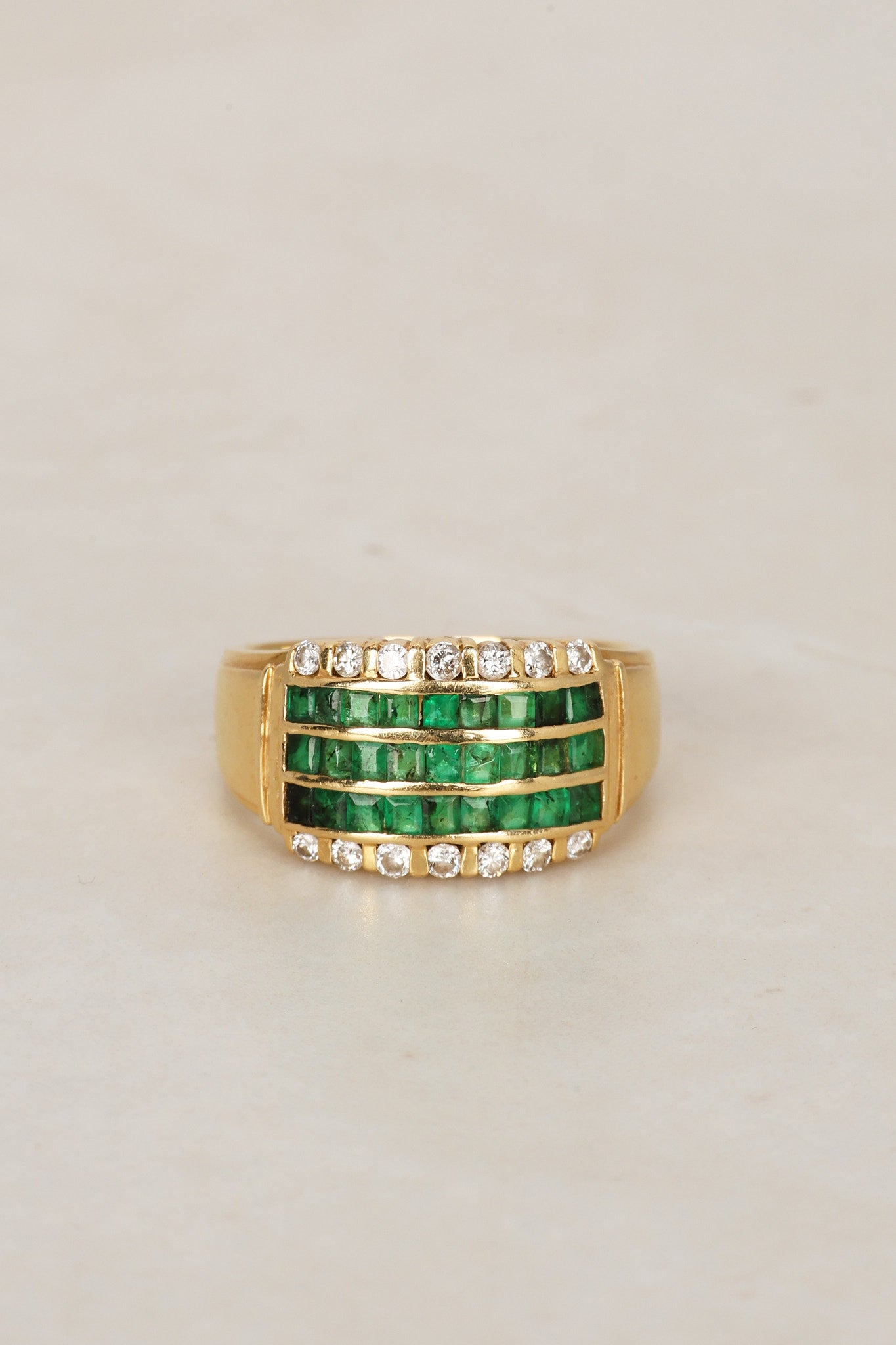 18K Yellow Gold Emerald and Diamond Channel Ring, Size US 7