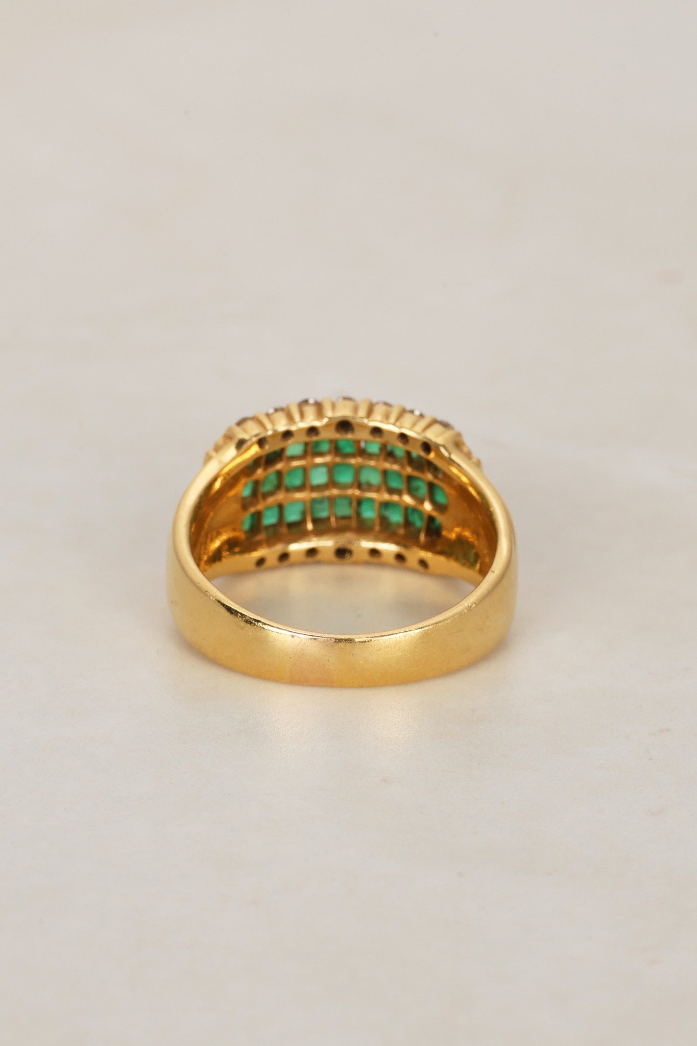 18K Yellow Gold Emerald and Diamond Channel Ring, Size US 7