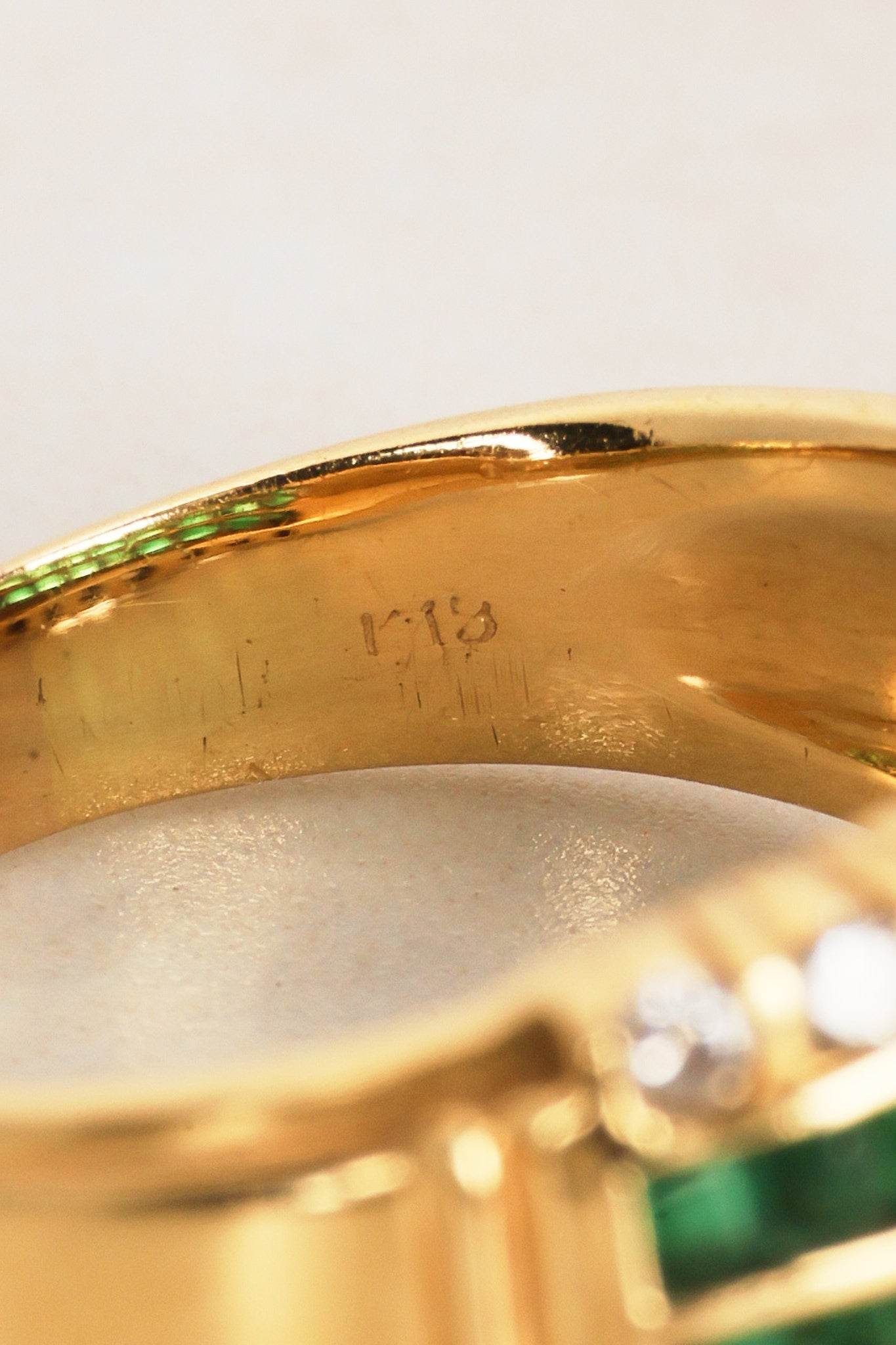 18K Yellow Gold Emerald and Diamond Channel Ring, Size US 7