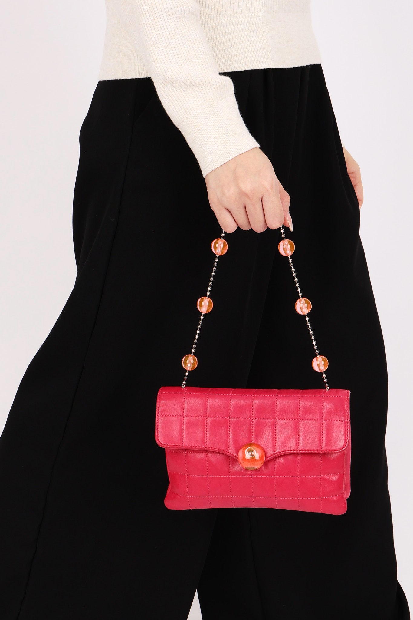 Chanel Chocolate Bar Beaded Chain Shoulder Bag Pink Lambskin SHW