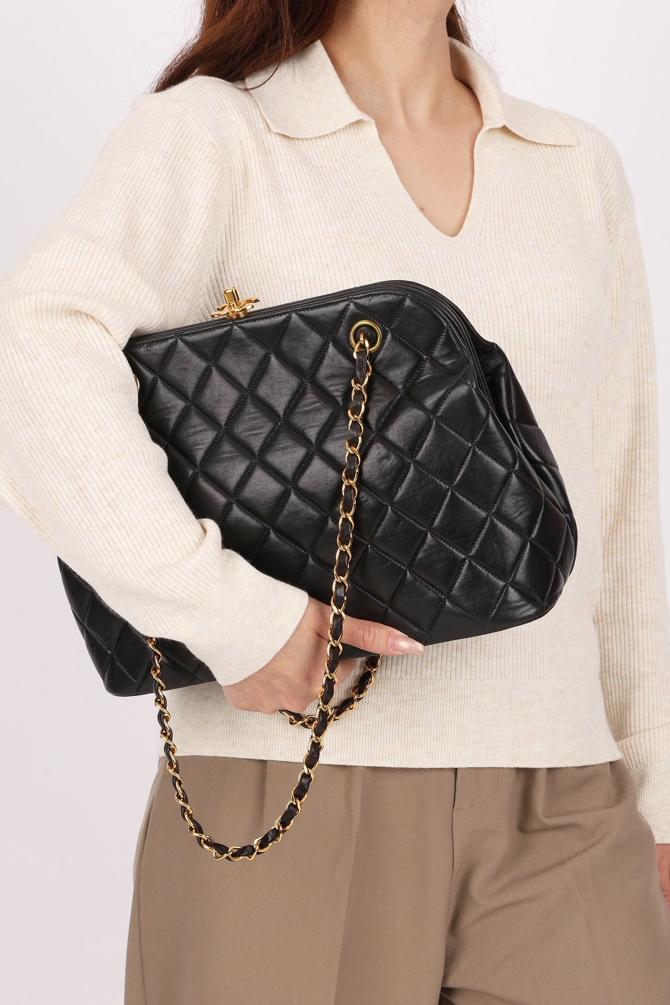Chanel Kisslock Shoulder Bag Black Lambskin 24K GP