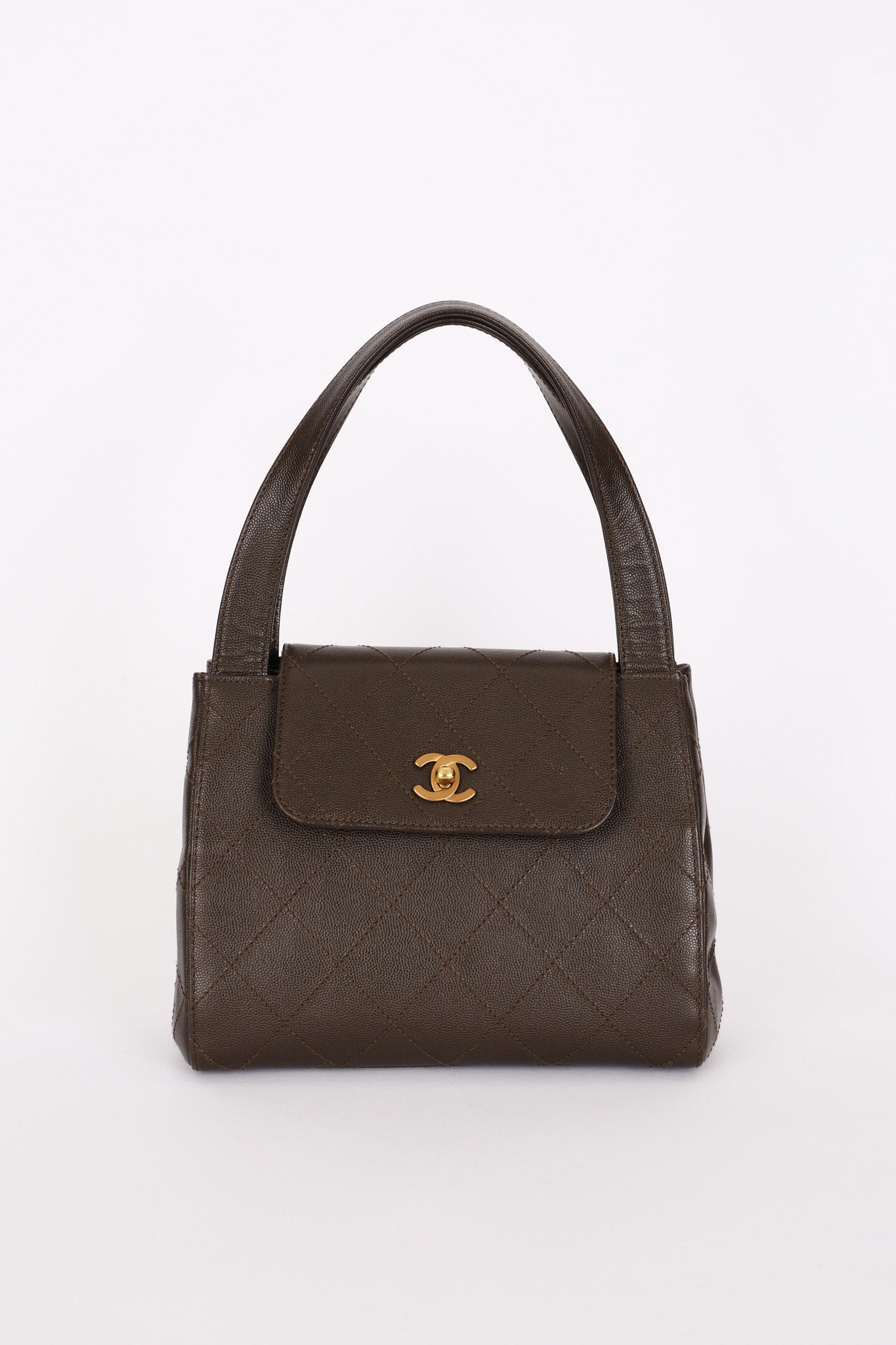 Chanel Kelly Turnlock Shoulder Bag Dark Taupe Caviar AGHW