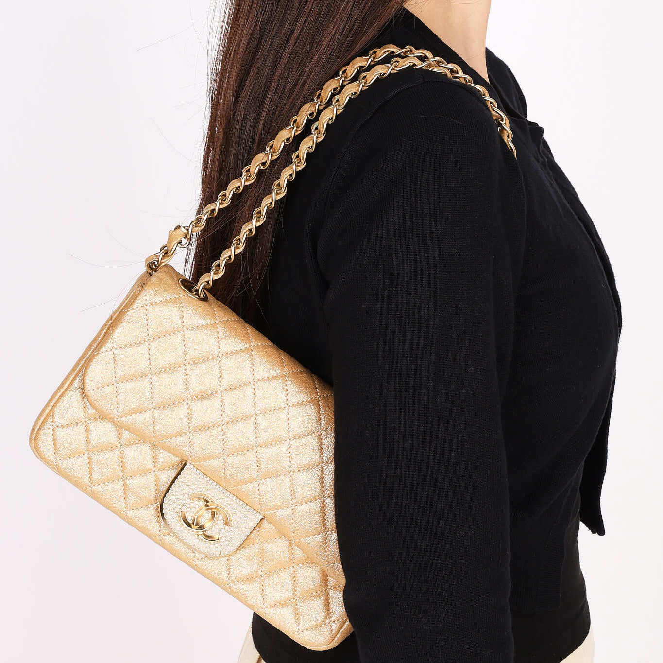 Chanel Pearl Single Flap Gold Iridescent Suede 2014 AGHW