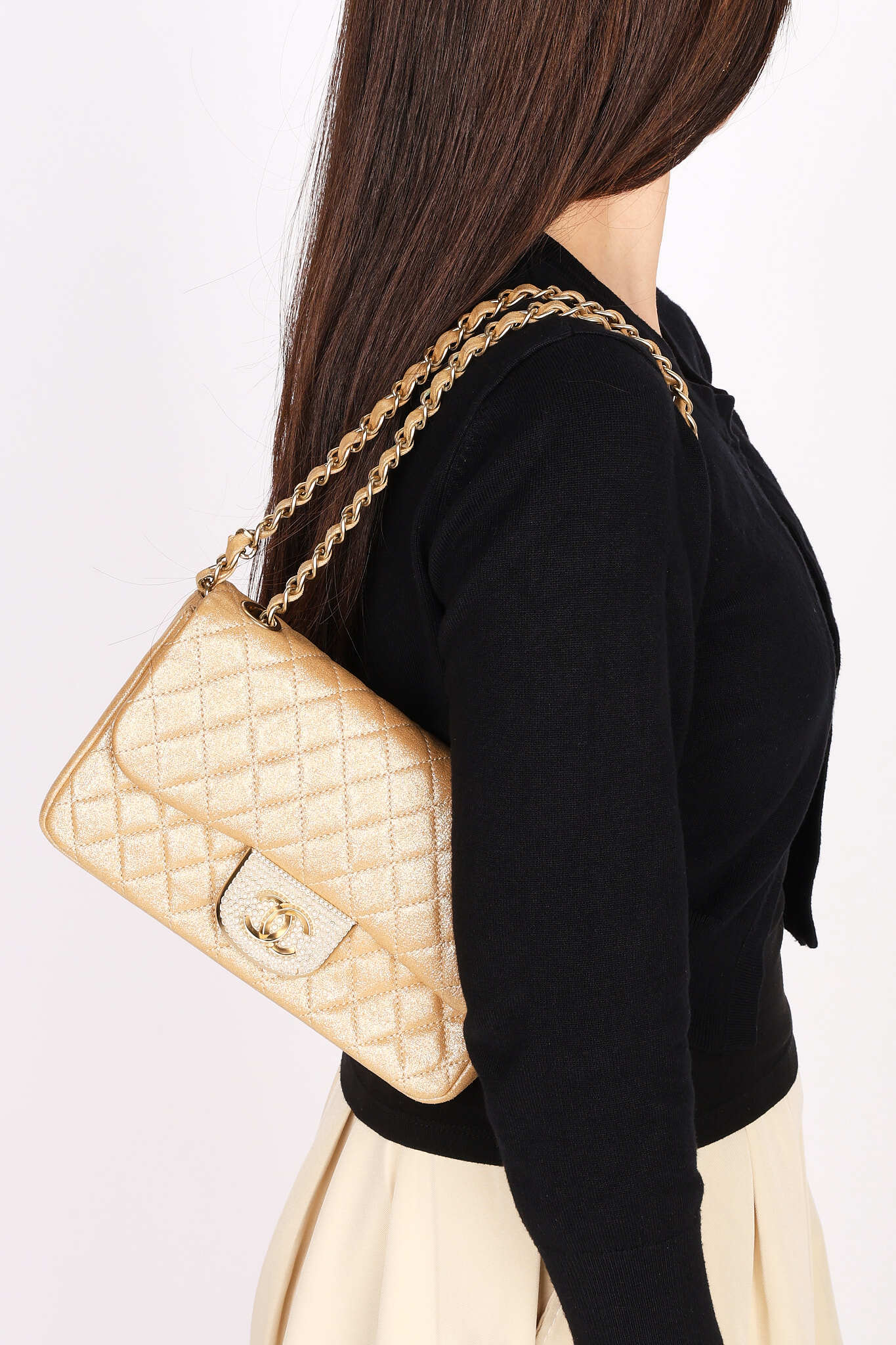 Chanel Pearl Single Flap Gold Iridescent Suede 2014 AGHW
